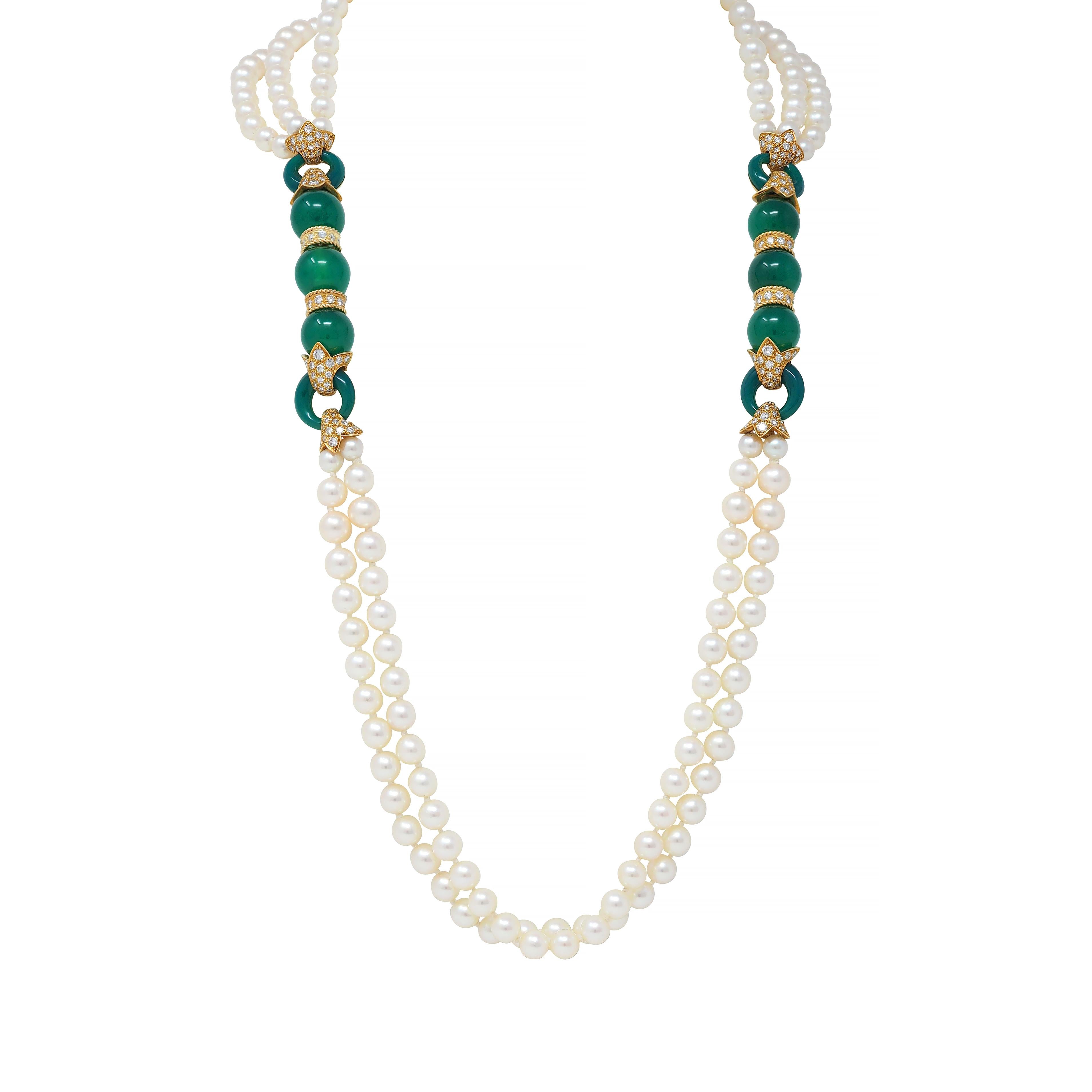 Van Cleef & Arpels Diamond Chrysoprase Pearl 18K Yellow Gold Vintage Necklace