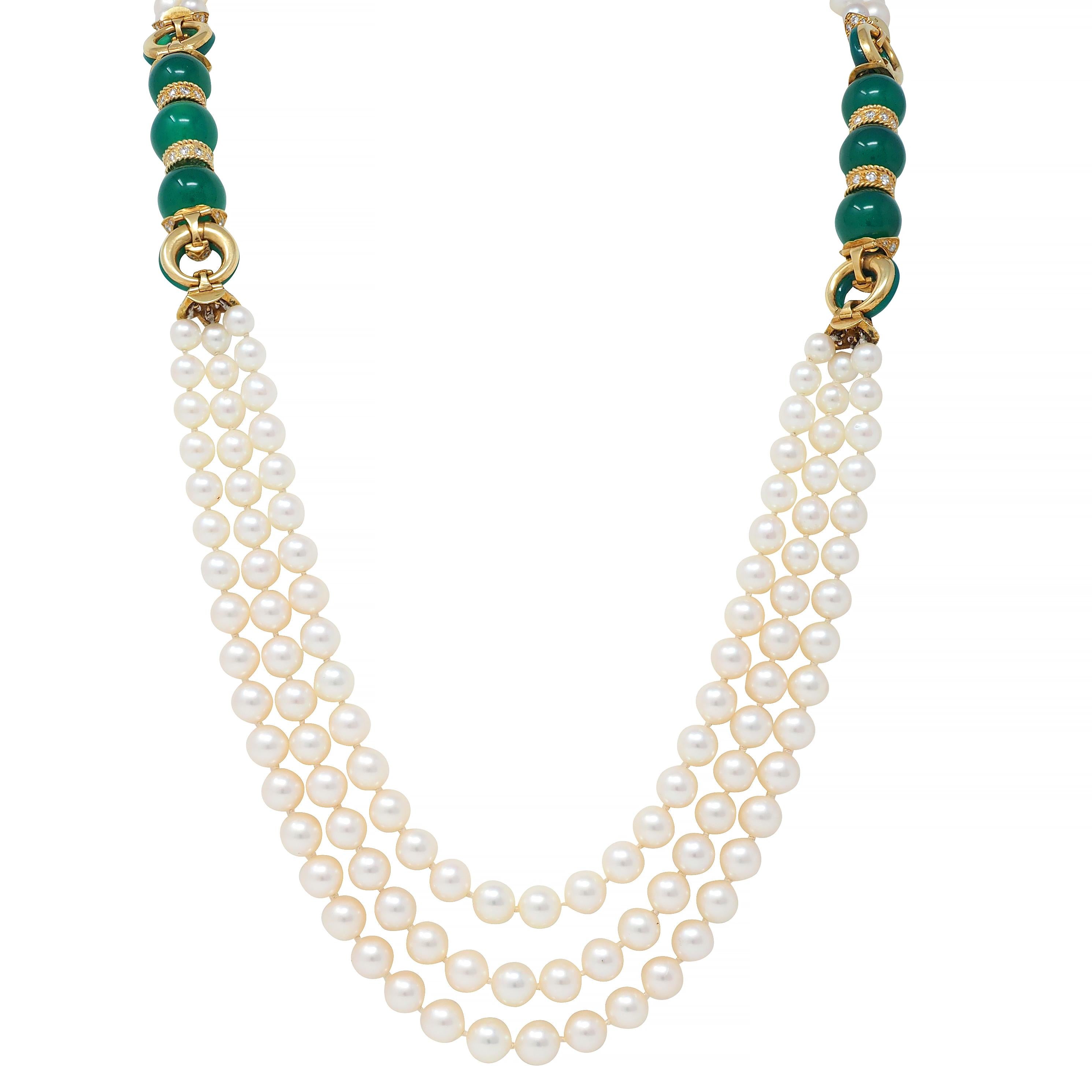 Van Cleef & Arpels Diamond Chrysoprase Pearl 18K Yellow Gold Vintage Necklace