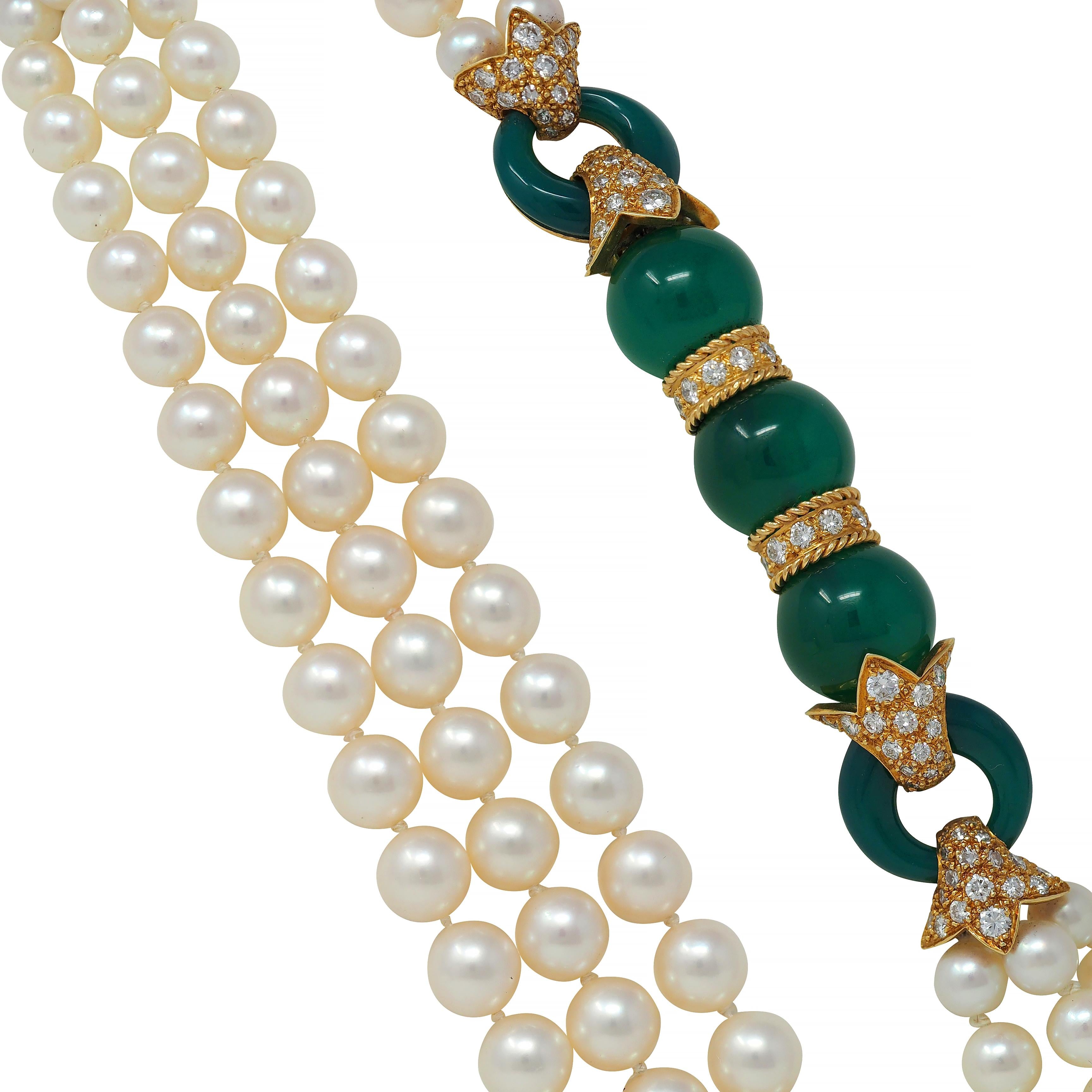 Van Cleef & Arpels Diamond Chrysoprase Pearl 18K Yellow Gold Vintage Necklace