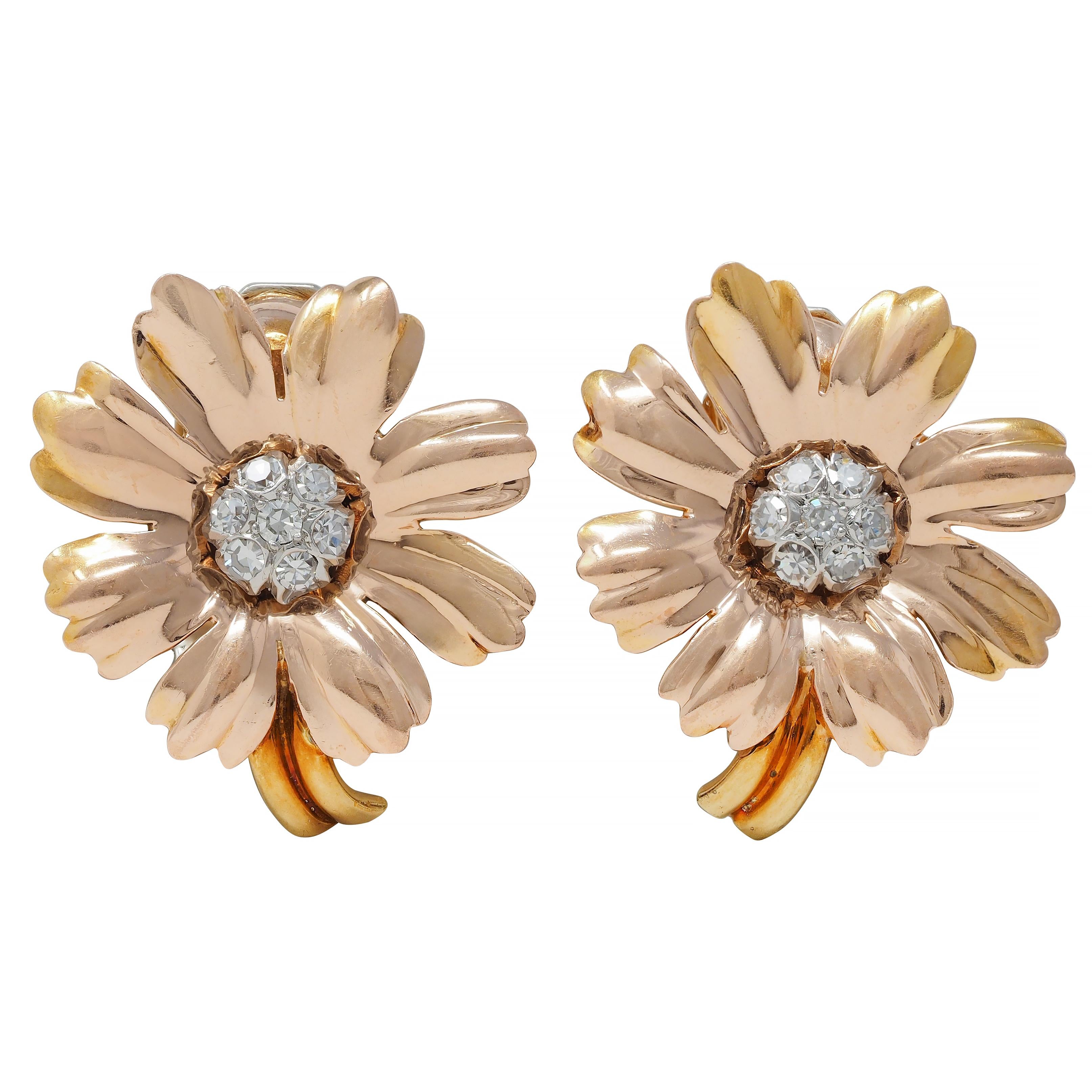 Retro Diamond 14 Karat Tri-Gold Vintage Daisy Flower Ear-Clip 1940s Earrings