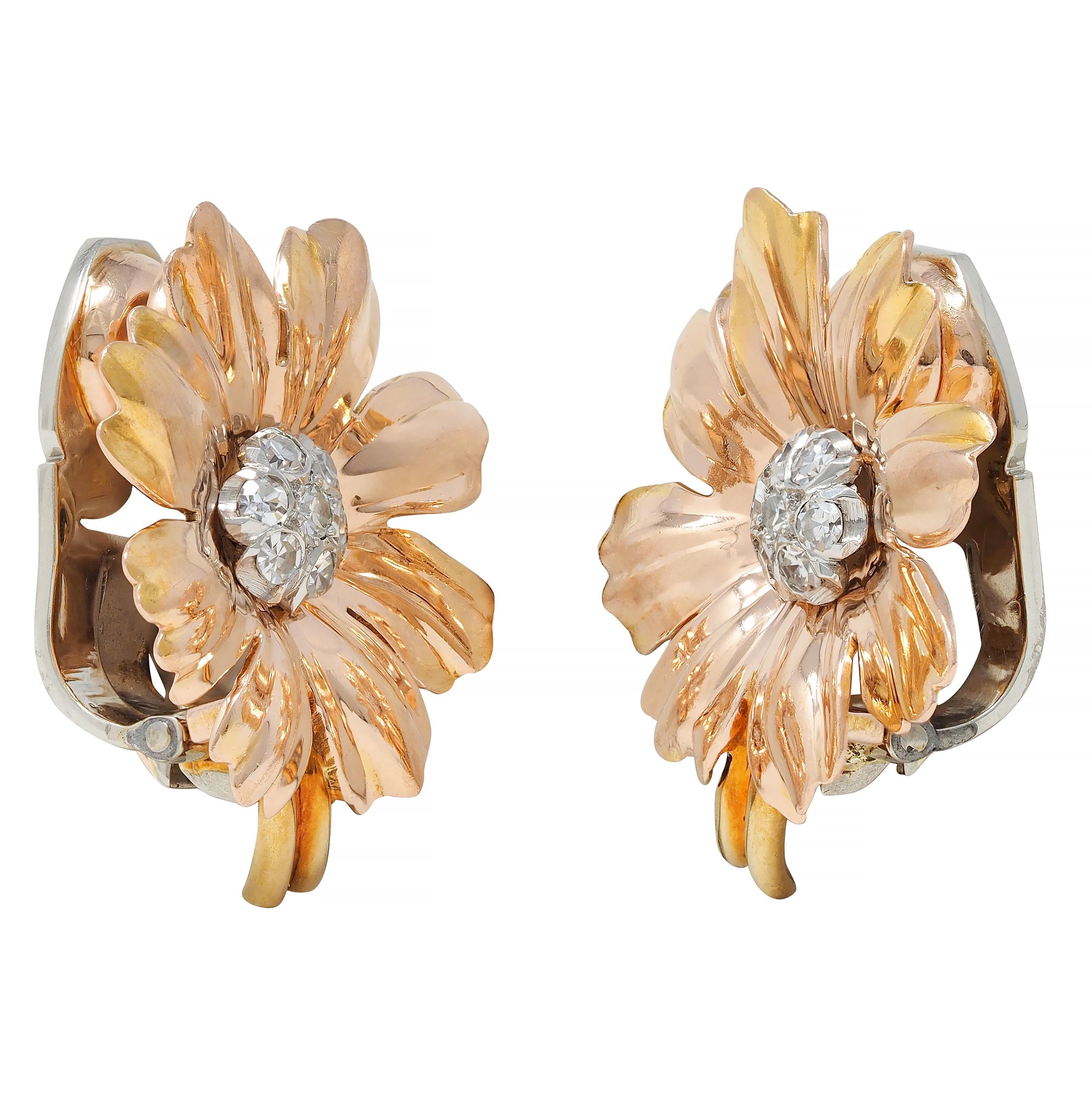 Retro Diamond 14 Karat Tri-Gold Vintage Daisy Flower Ear-Clip 1940s Earrings