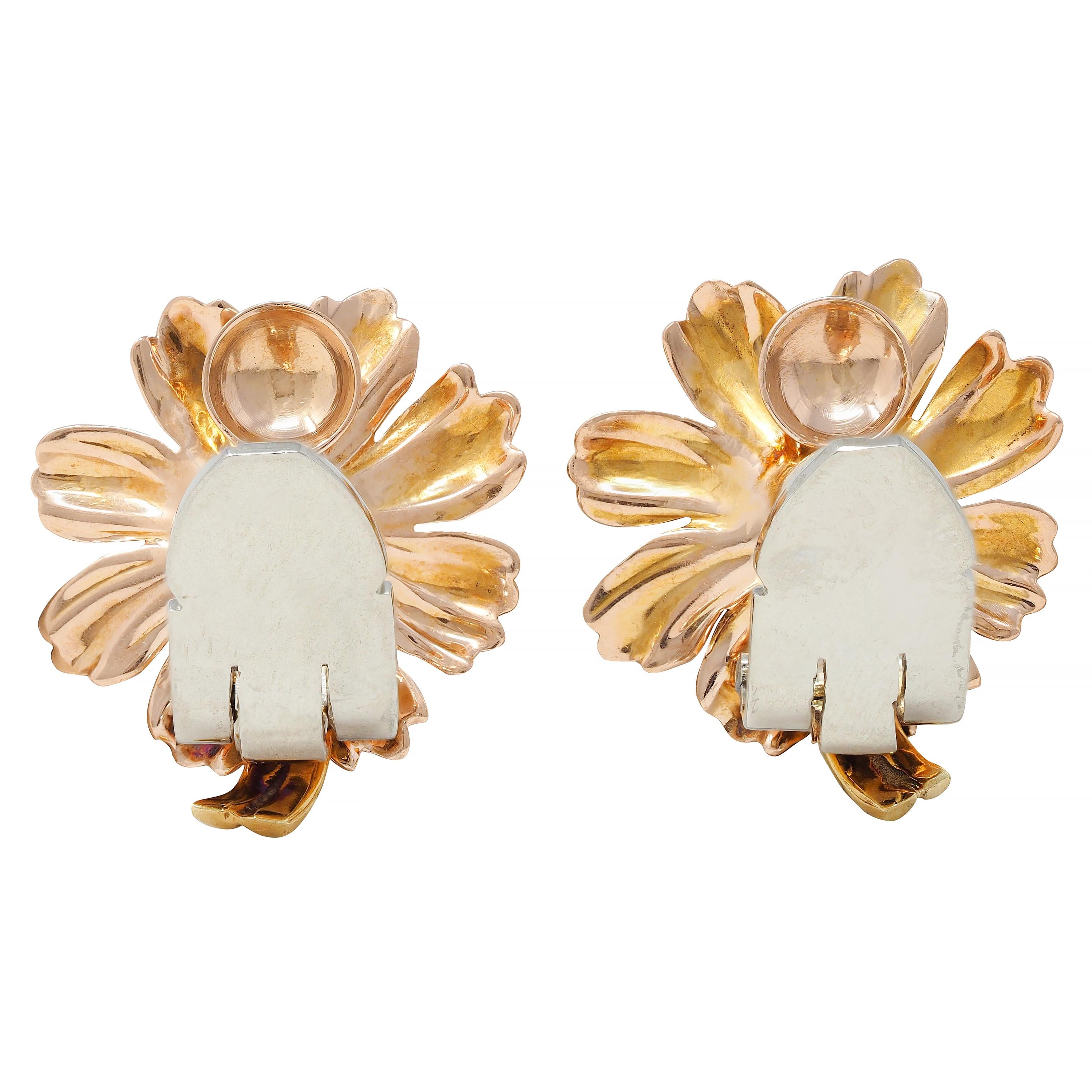 Retro Diamond 14 Karat Tri-Gold Vintage Daisy Flower Ear-Clip 1940s Earrings