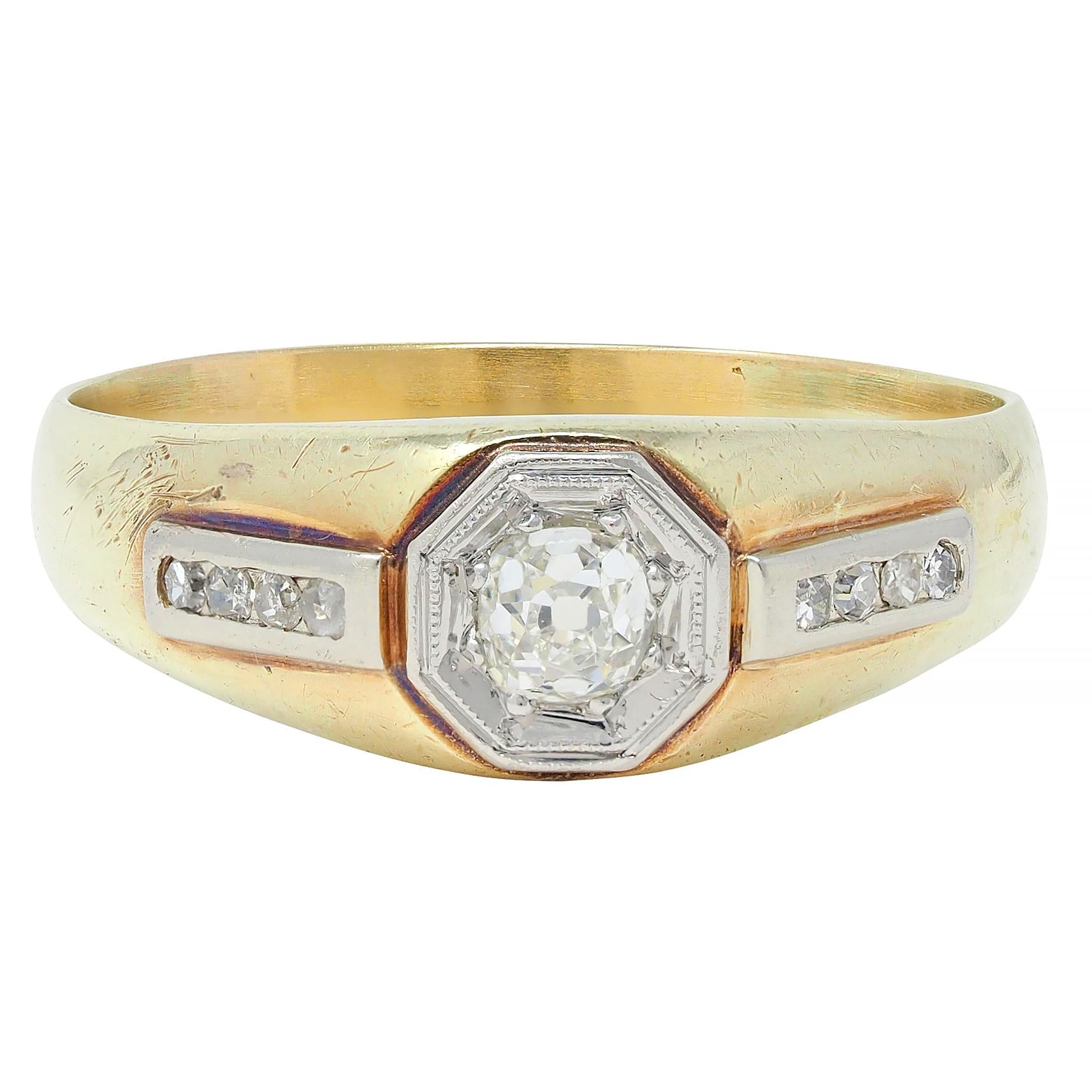 Art Deco Mine Cut Diamond Platinum 15K Yellow Gold Antique Unisex Ring