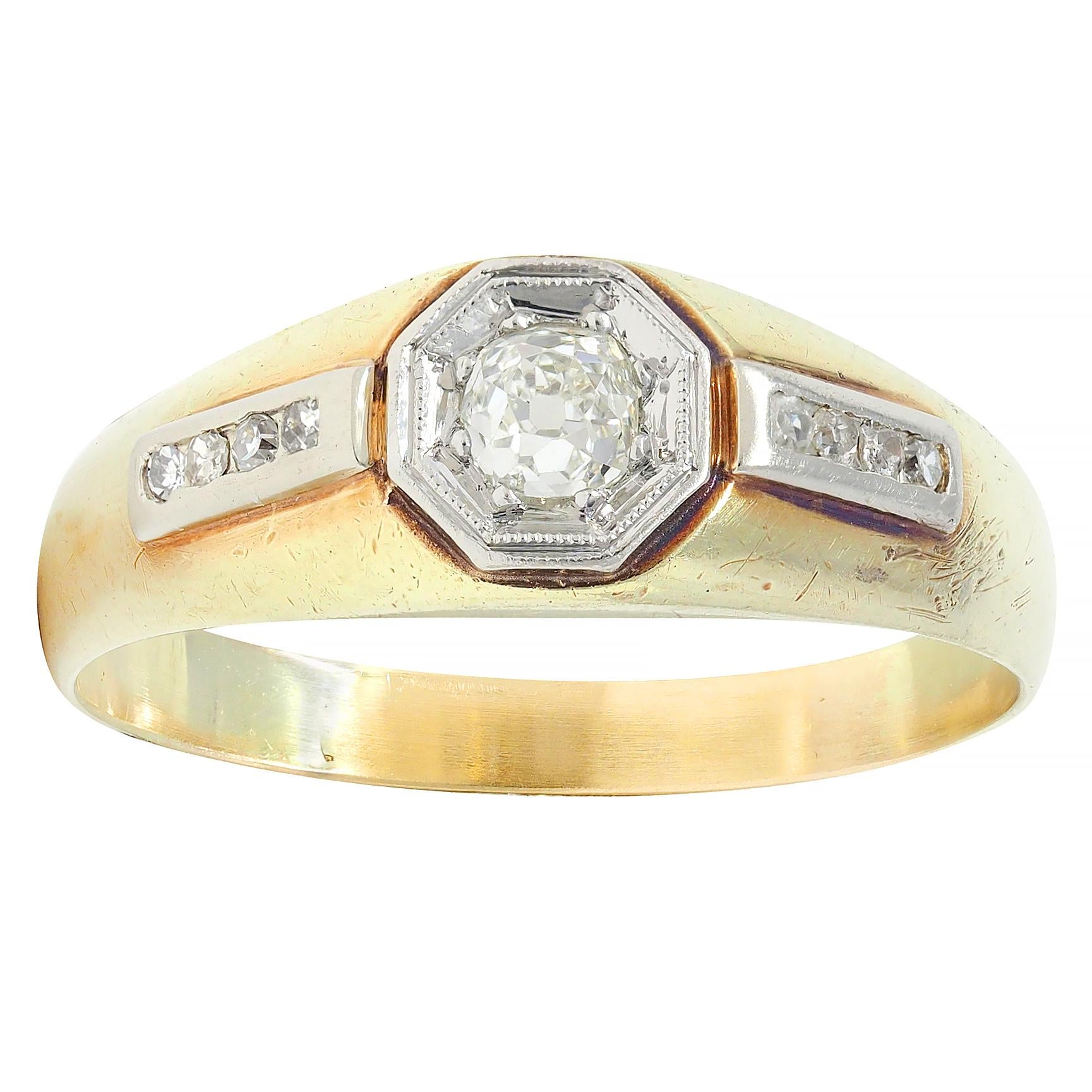 Art Deco Mine Cut Diamond Platinum 15K Yellow Gold Antique Unisex Ring