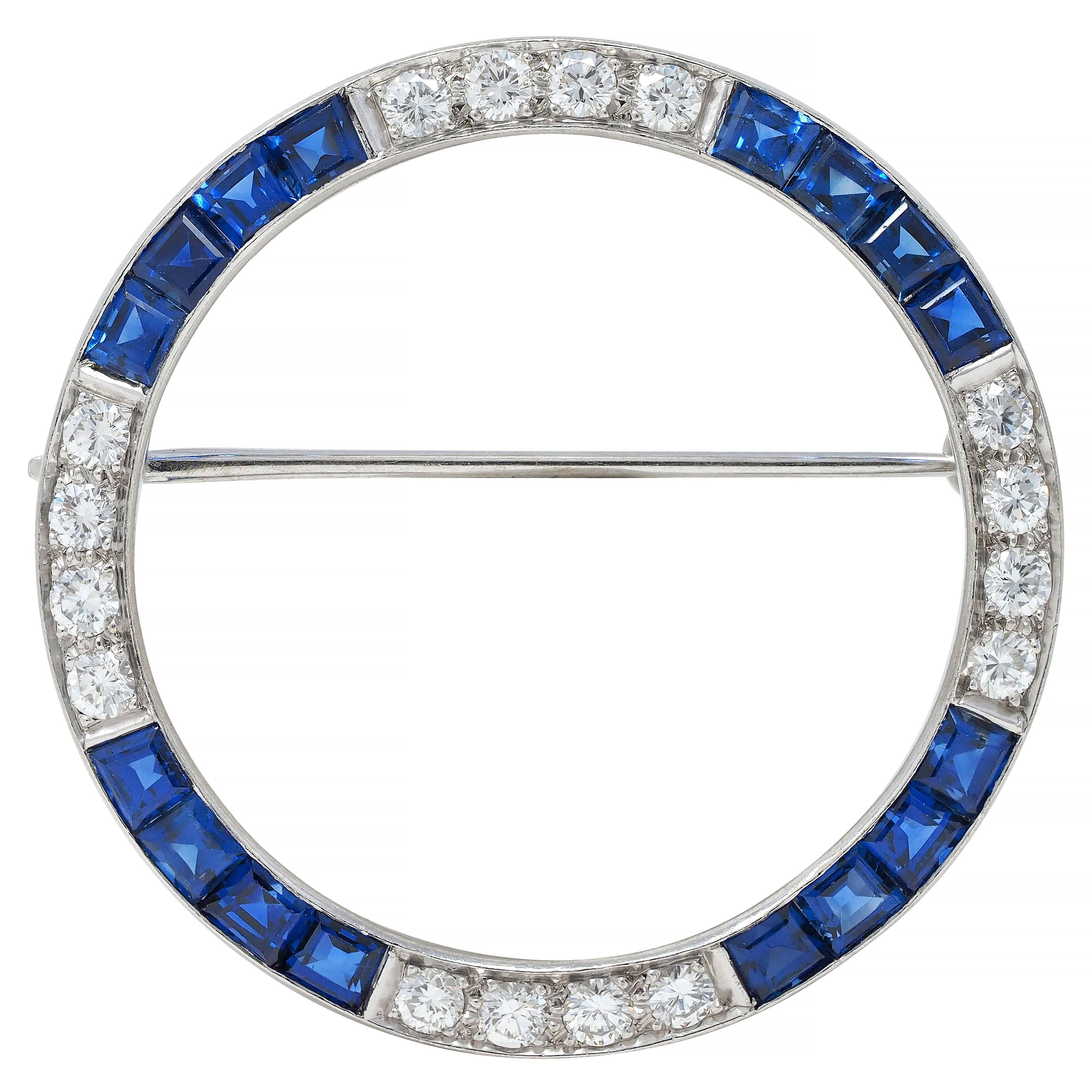 J.E. Caldwell 1950's 2.40 CTW Sapphire Diamond Platinum Vintage Circle Brooch