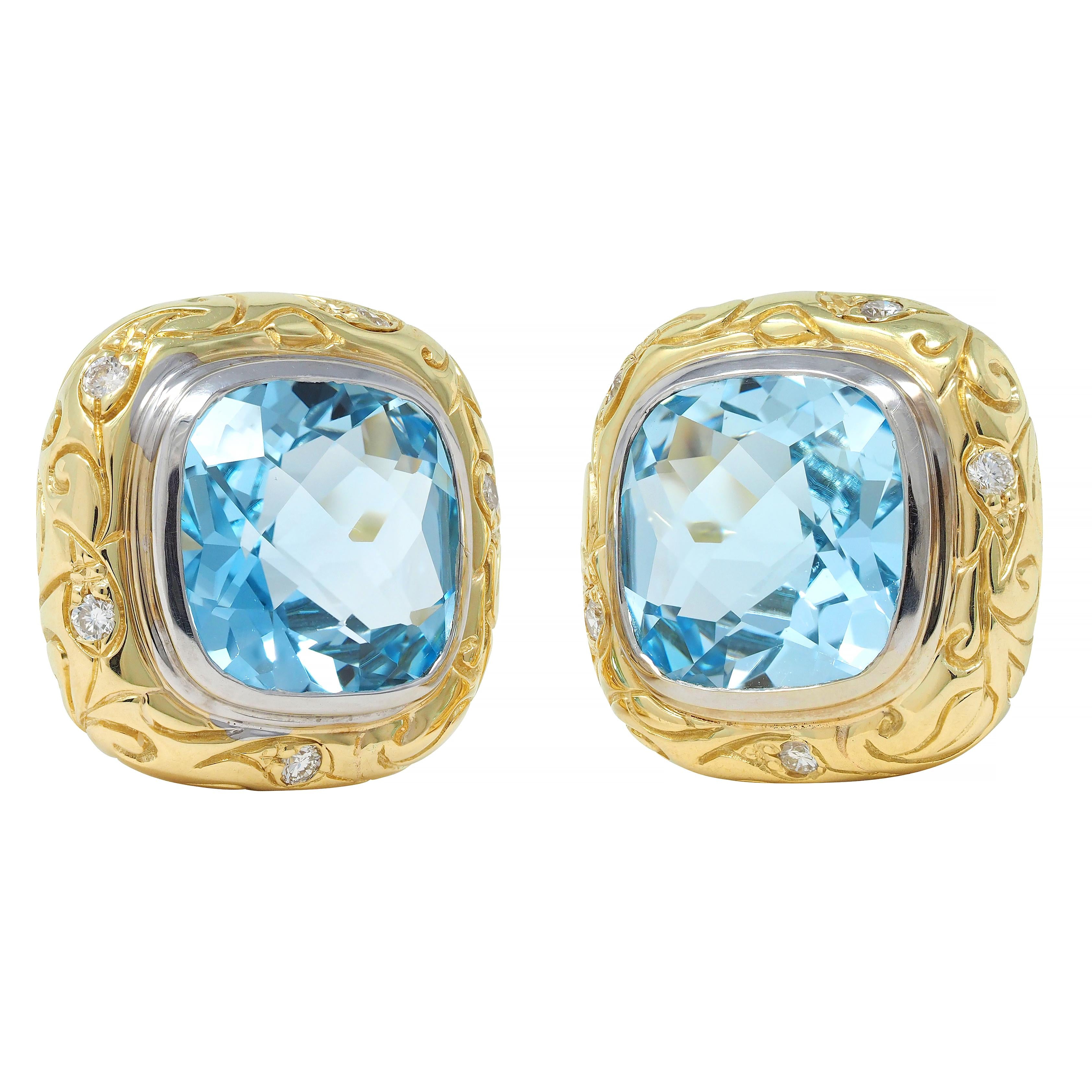 SeidenGang Blue Topaz Diamond 18K Gold Vintage Cushion Ear-Clip Earrings