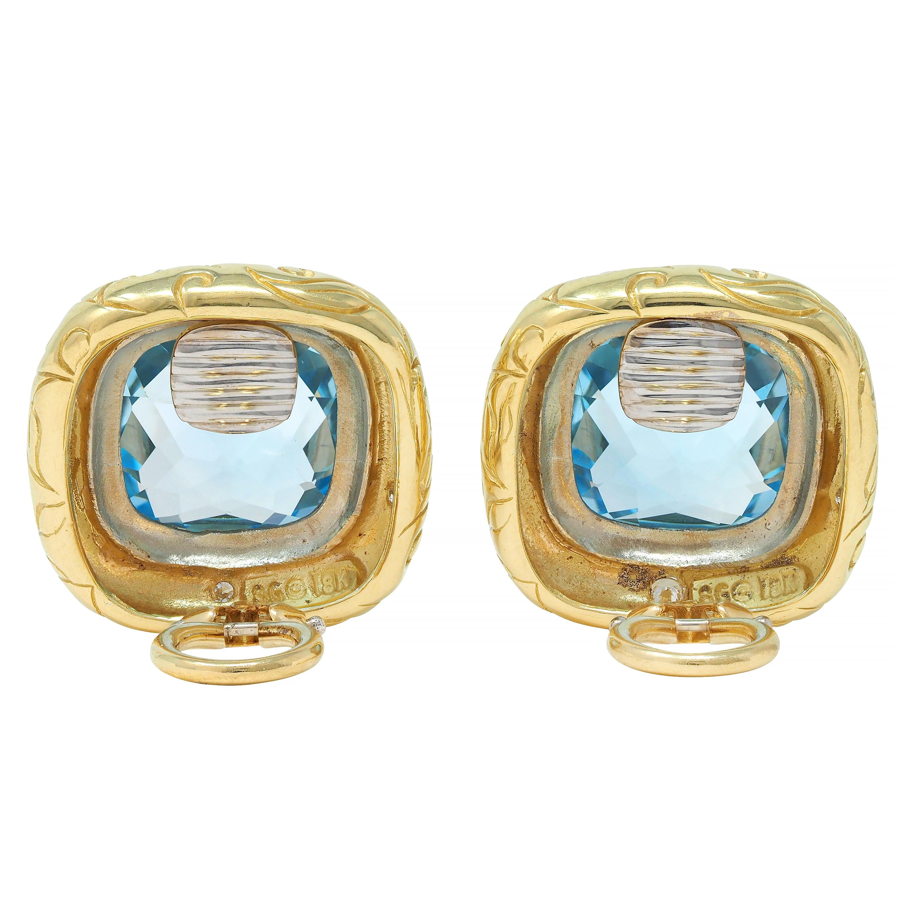 SeidenGang Blue Topaz Diamond 18K Gold Vintage Cushion Ear-Clip Earrings