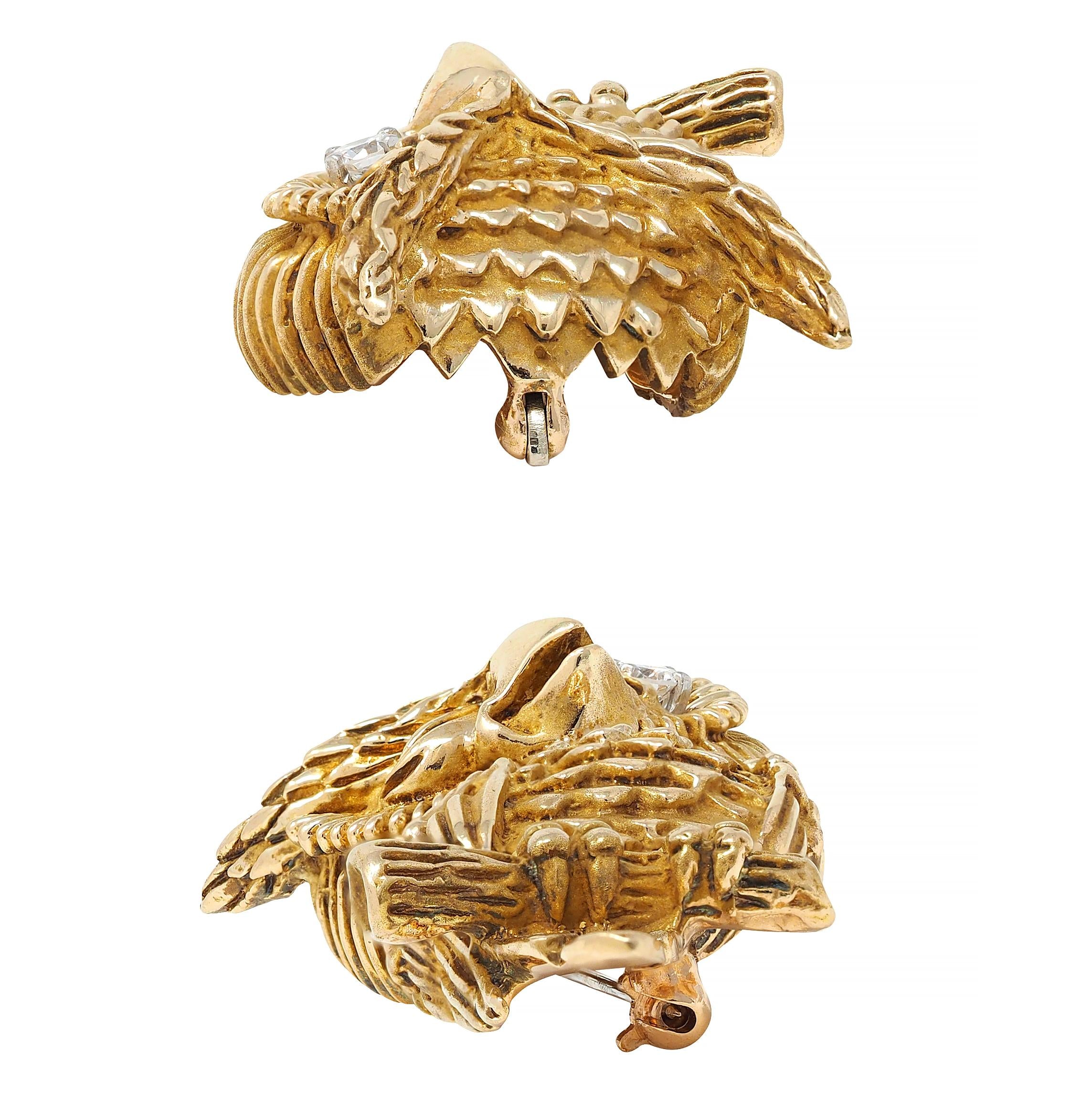 Dan Frere 1970's Diamond 14 Karat Yellow Gold Vintage Owl Bird Brooch