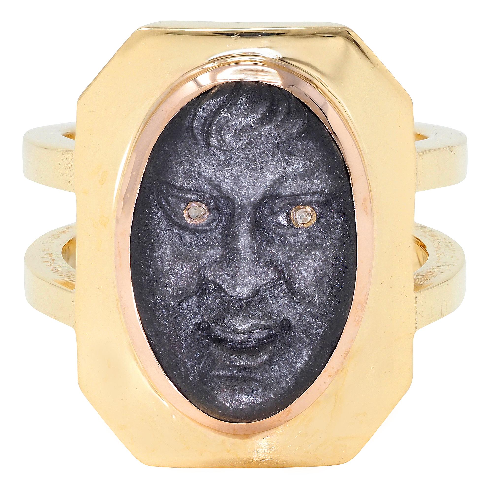 Vintage Diamond Carved Black Labradorite 18 Karat Two-Tone Gold Face Ring