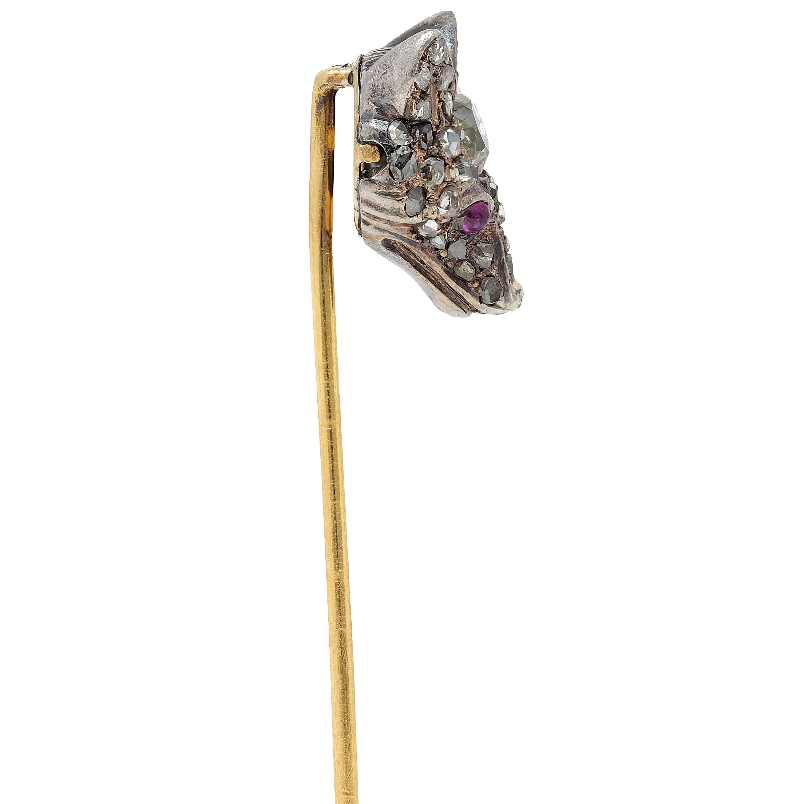 Edwardian Old Mine Diamond Ruby Silver 18 Karat Gold Antique Fox Head Stickpin