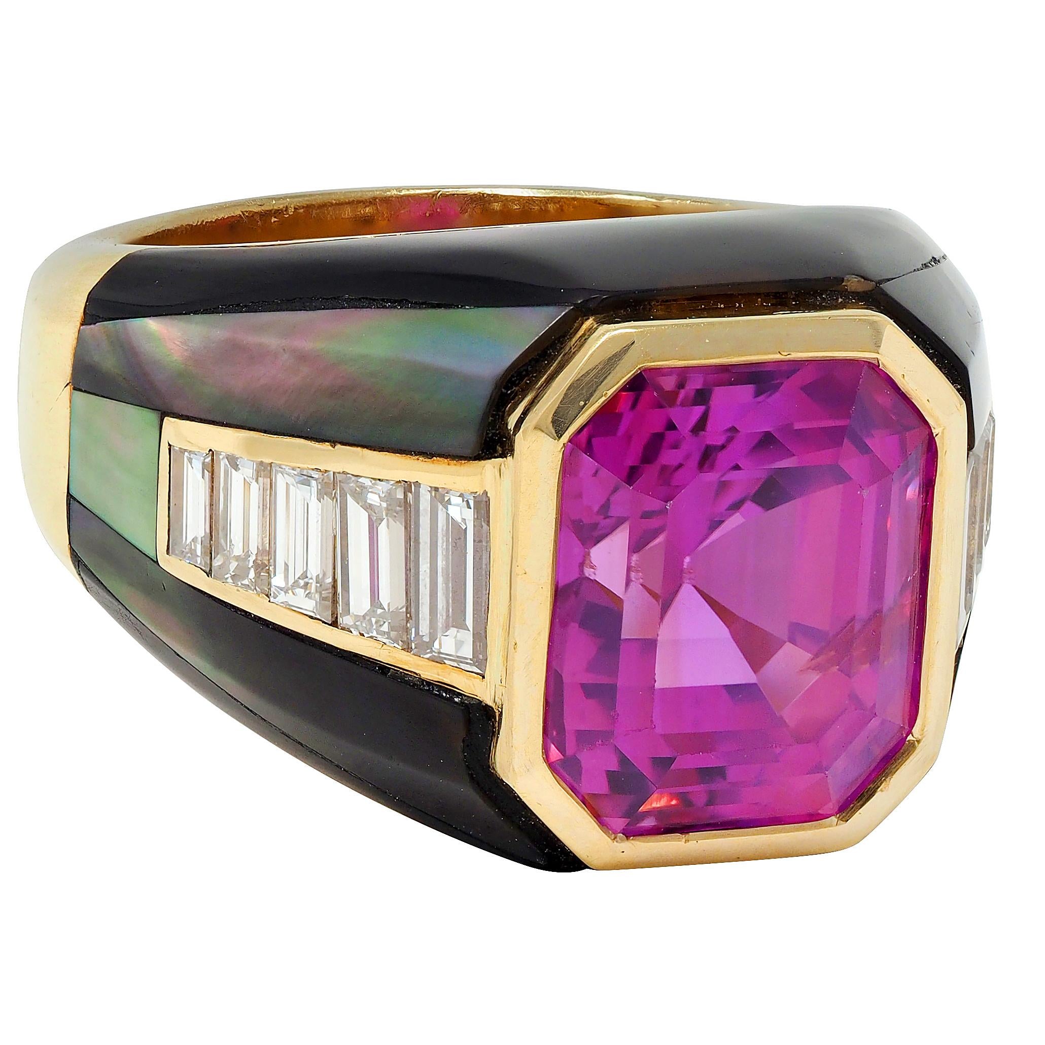 French No Heat Pink Ceylon Sapphire Multi-Gem 18 Karat Gold Vintage Ring AGL