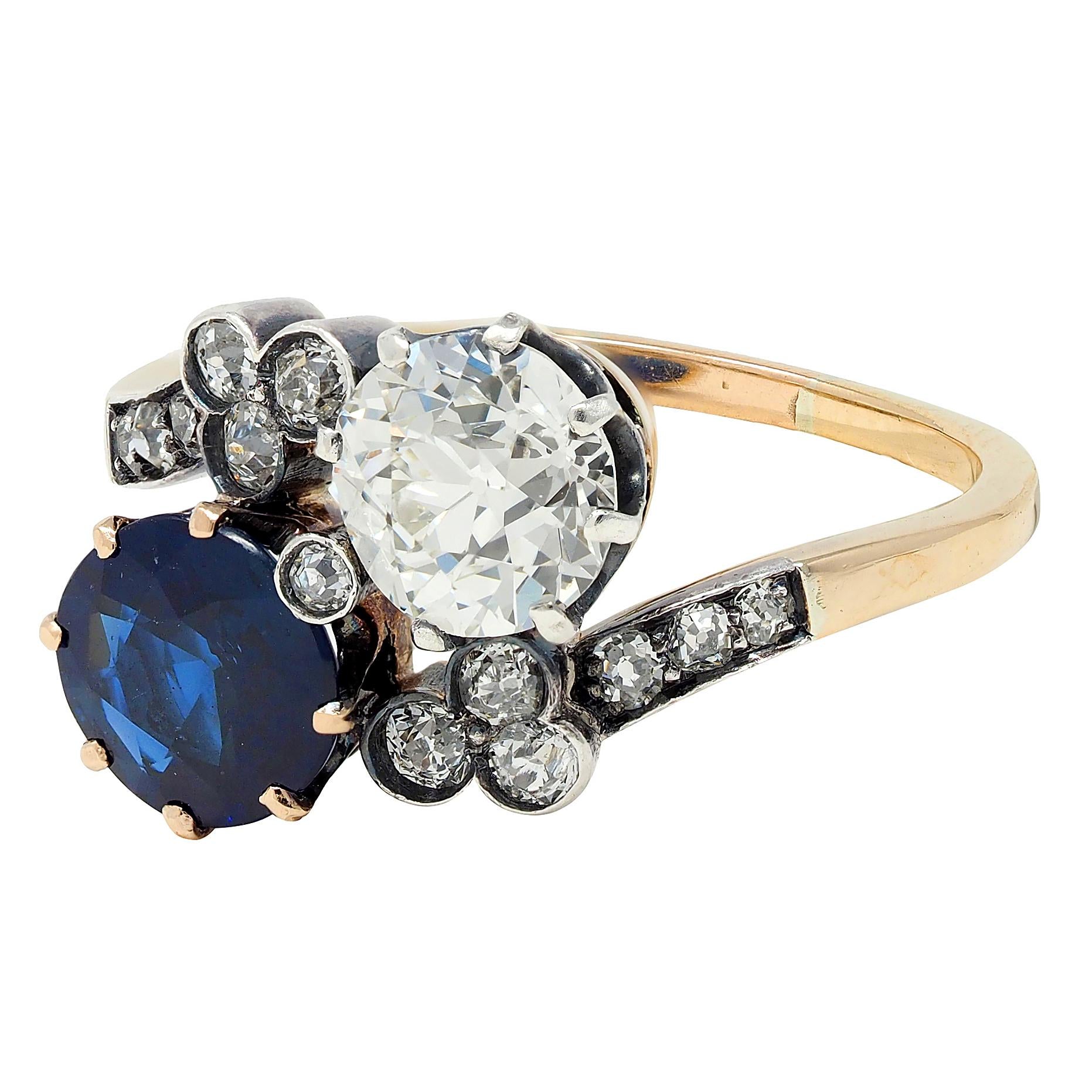 Edwardian 3.20 CTW Diamond Sapphire Silver 14K Gold Antique Toi et Moi Ring GIA