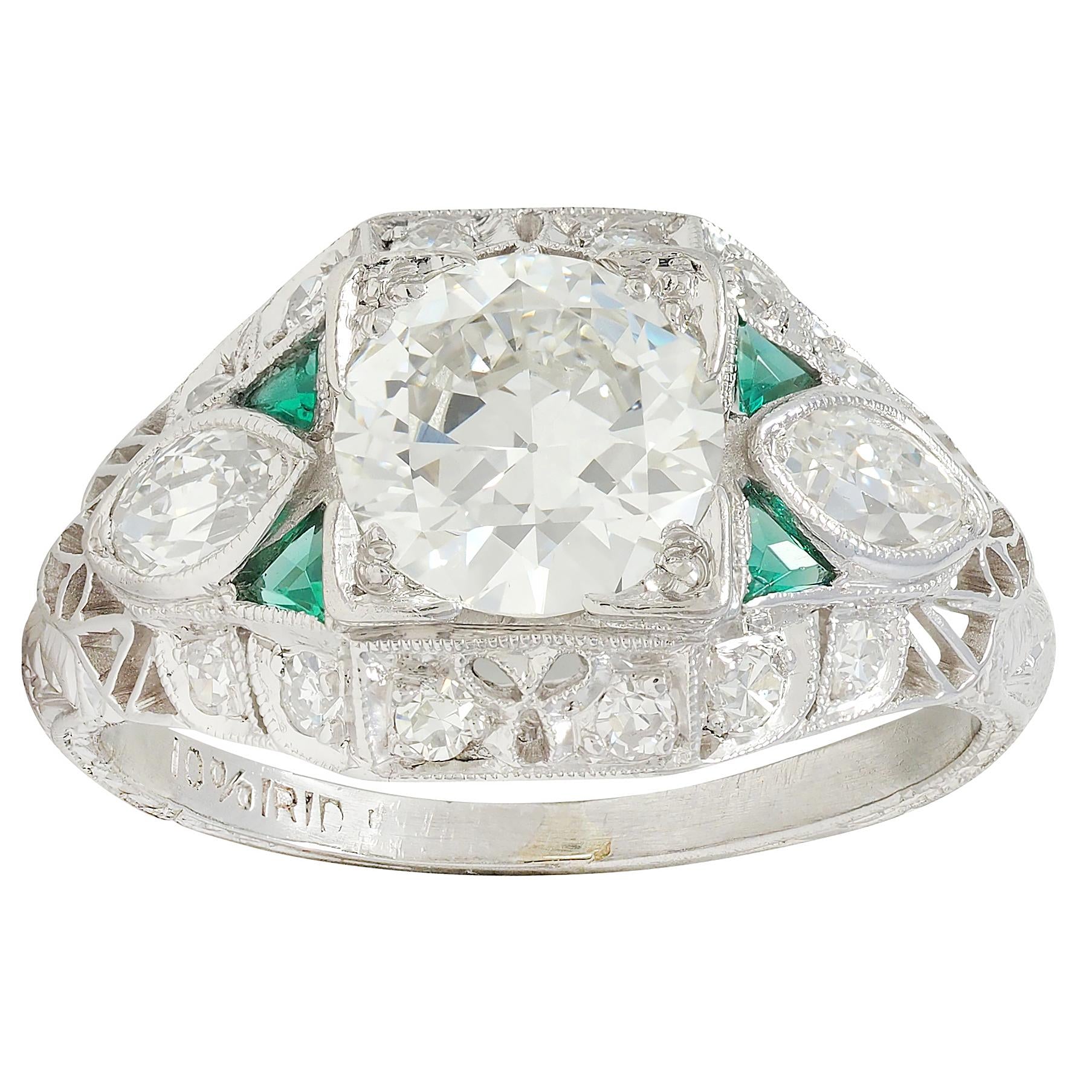 Art Deco 1.72 CTW Diamond Emerald Platinum Vintage Wheat Bombé Engagement Ring