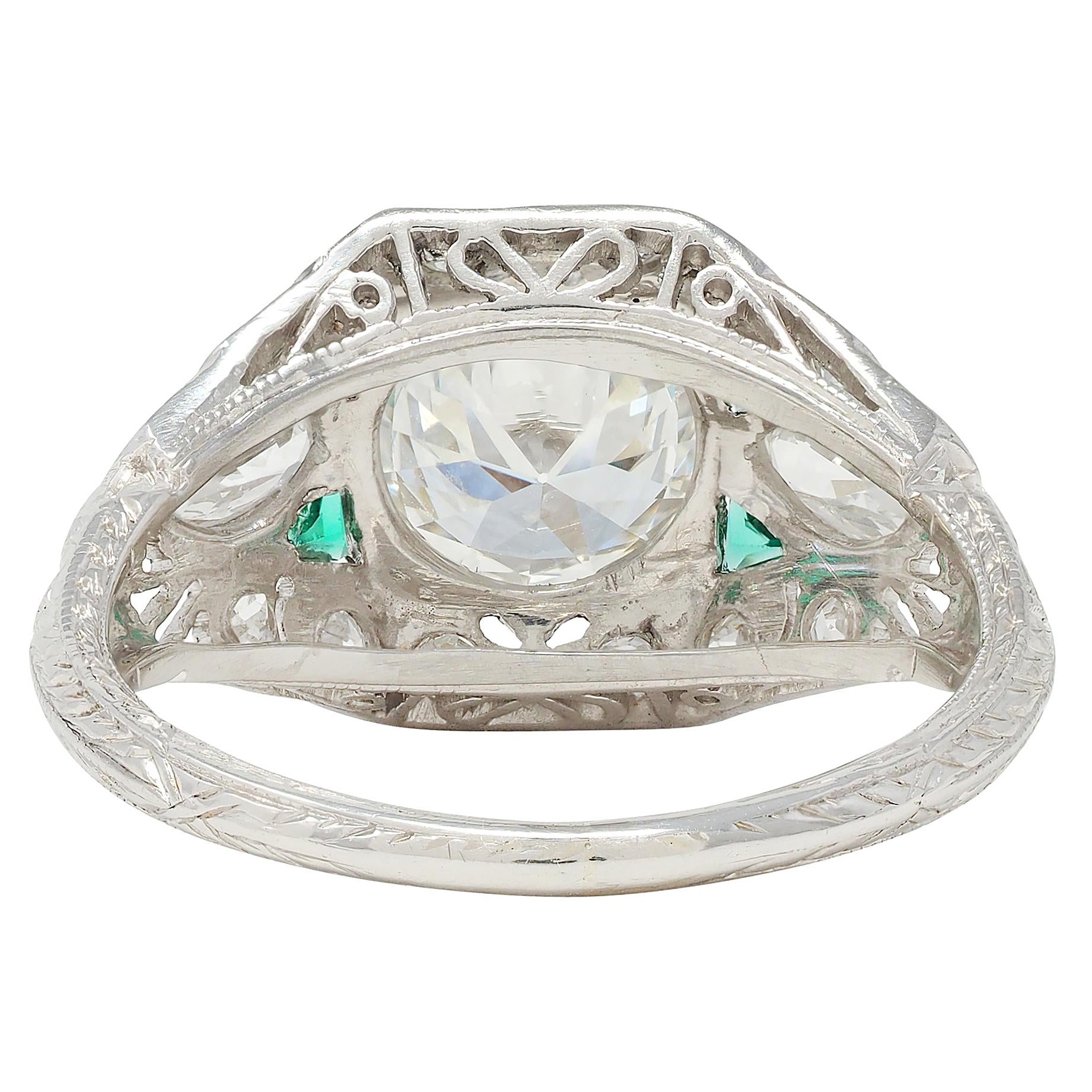 Art Deco 1.72 CTW Diamond Emerald Platinum Vintage Wheat Bombé Engagement Ring