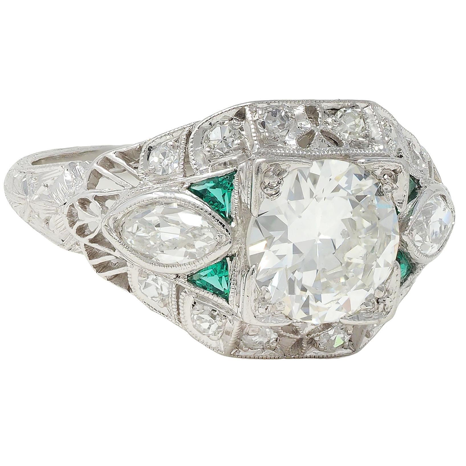 Art Deco 1.72 CTW Diamond Emerald Platinum Vintage Wheat Bombé Engagement Ring