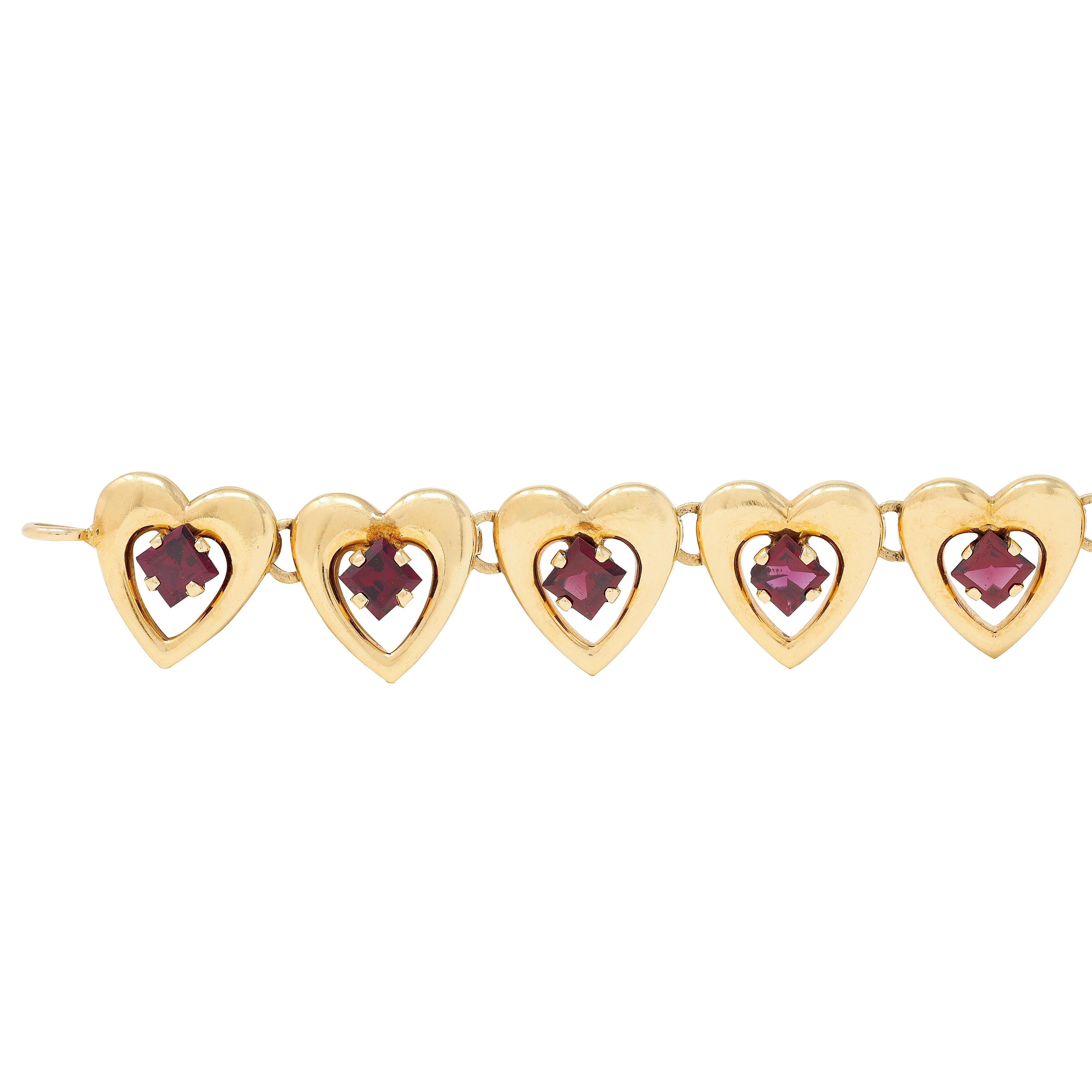 Tiffany & Co. Retro 1940's Garnet 14 Karat Yellow Gold Vintage Heart Bracelet