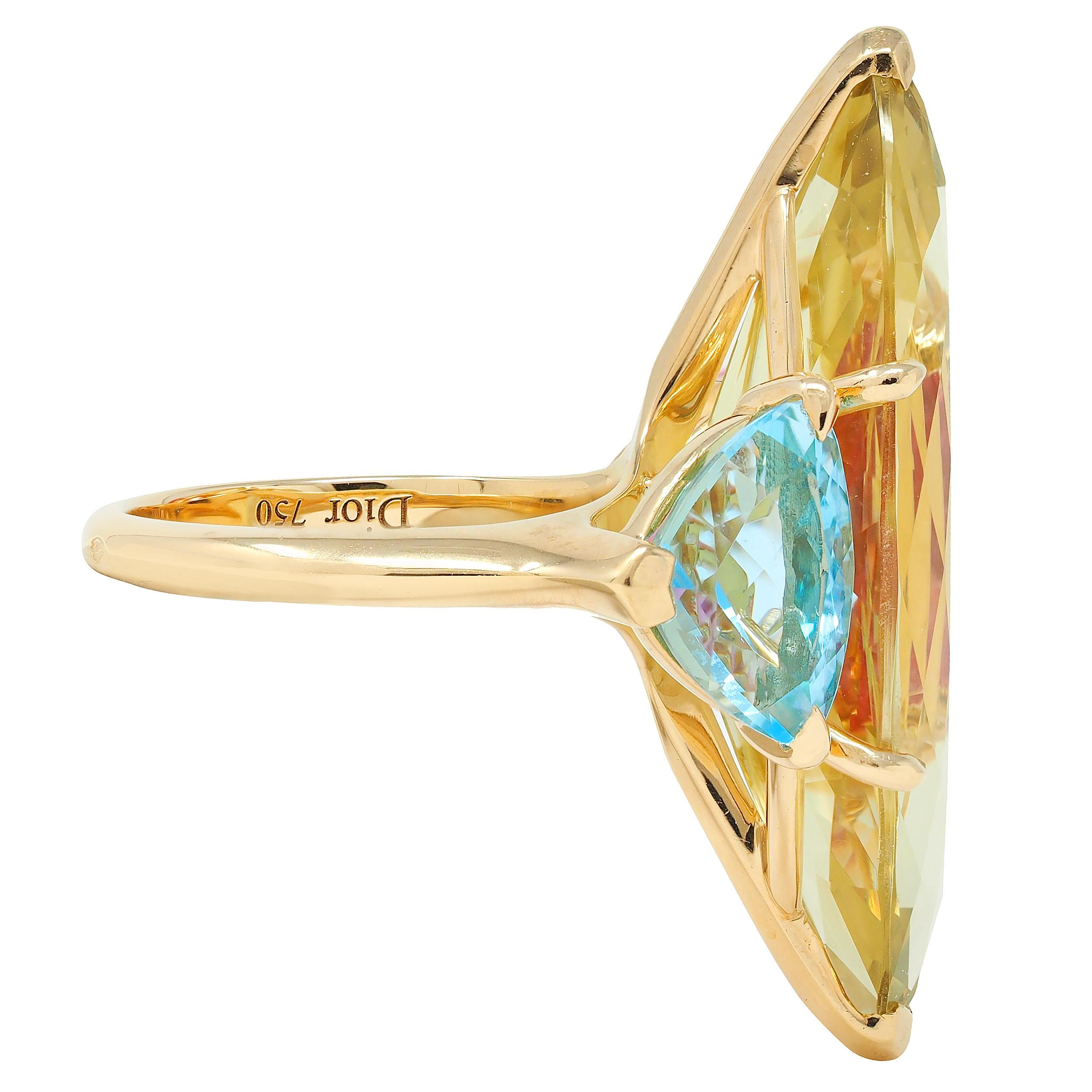 Dior French Lemon Quartz Tourmaline Topaz 18K Gold Three Stone Cocktail Ring