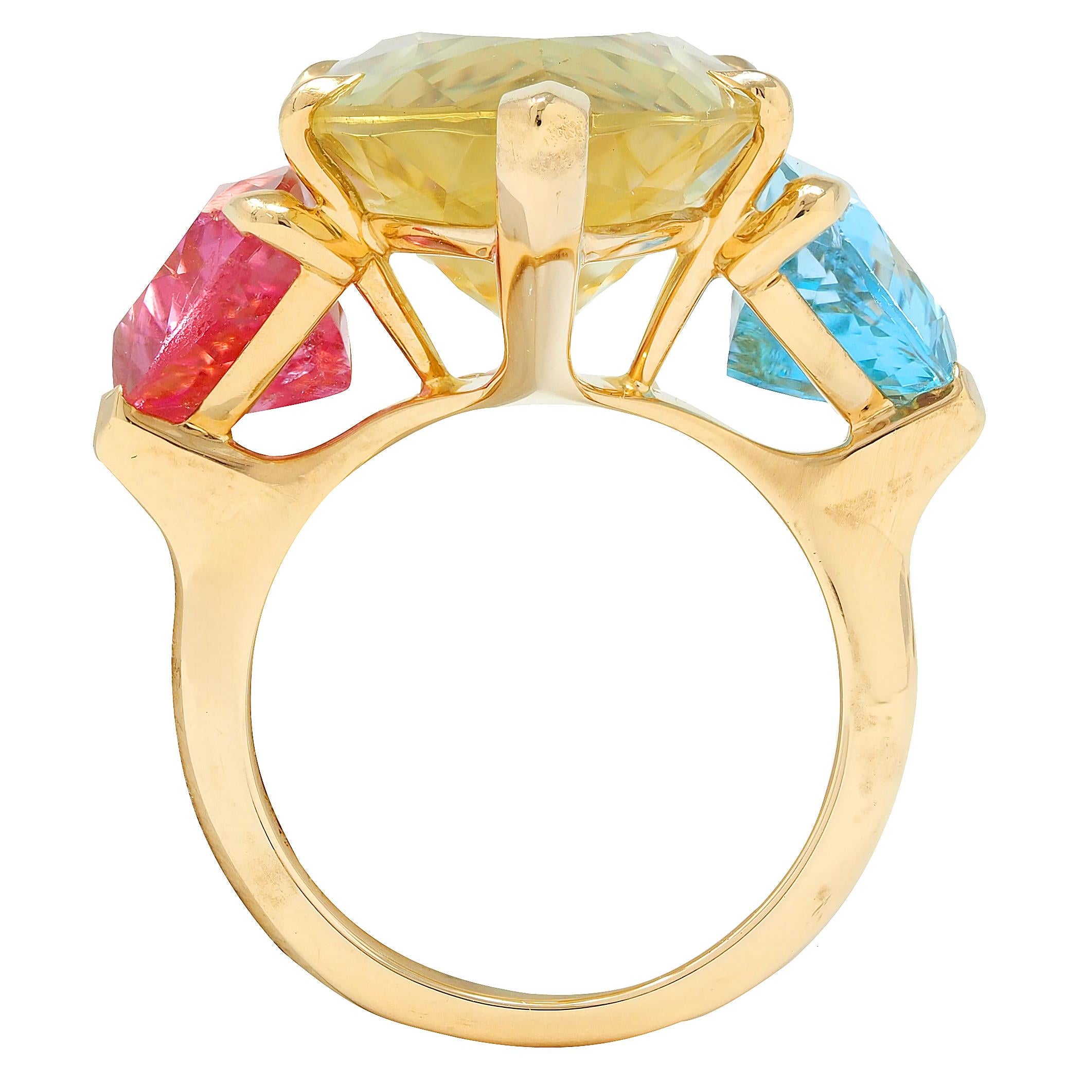 Dior French Lemon Quartz Tourmaline Topaz 18K Gold Three Stone Cocktail Ring