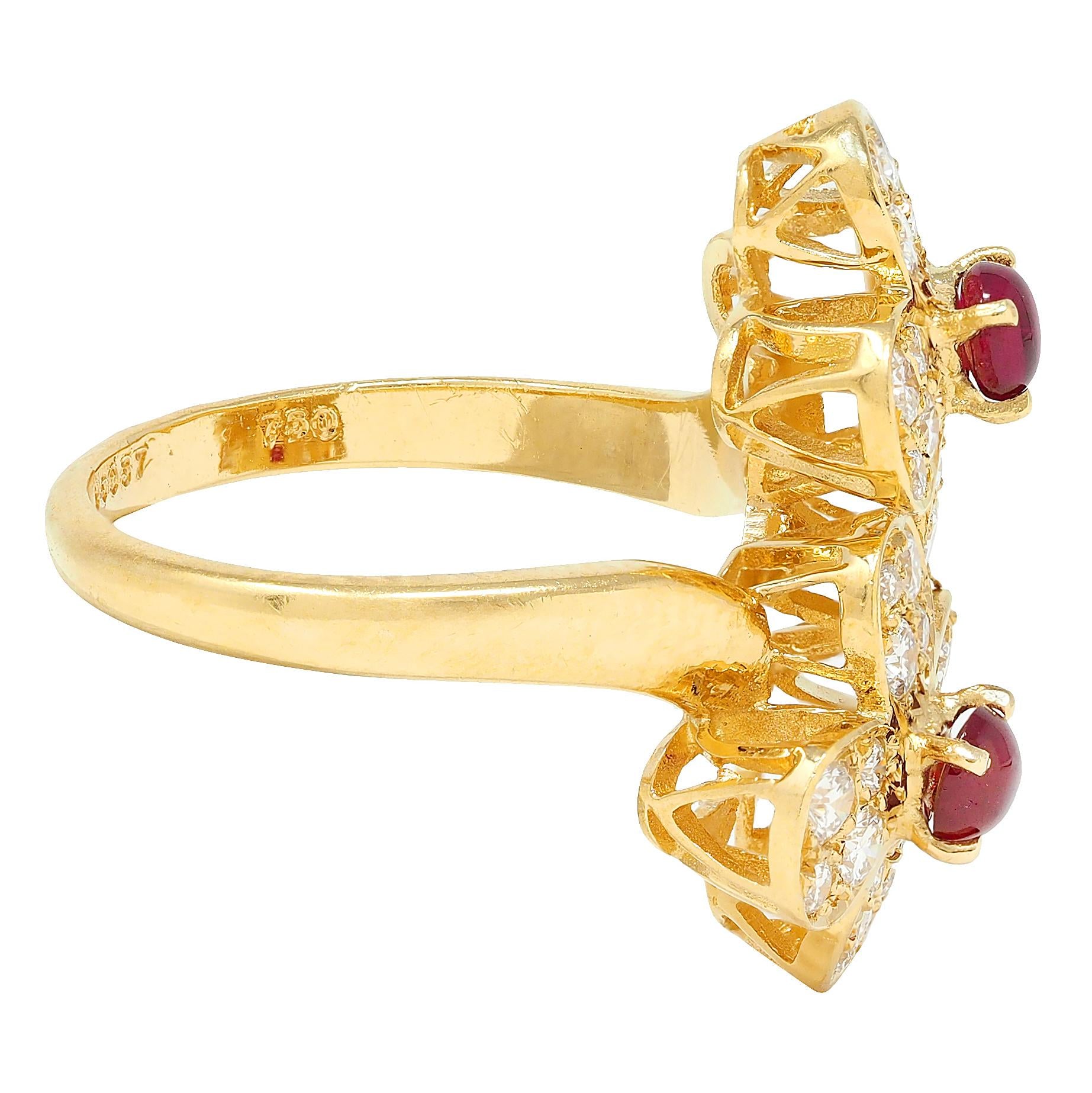 Van Cleef & Arpels French Ruby Diamond 18 Karat Yellow Gold Trefle Bypass Ring