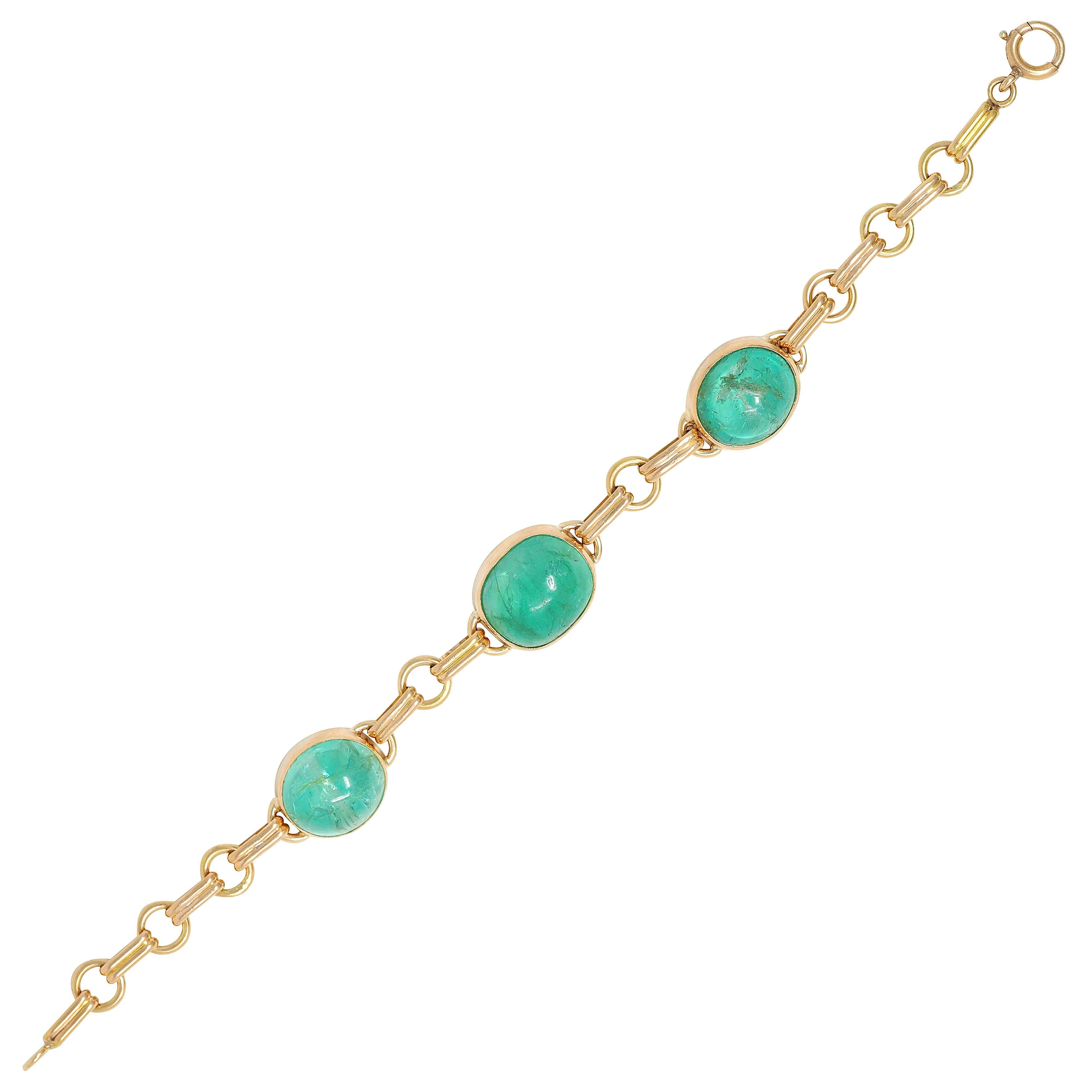 1940's 21.46 CTW Emerald Cabochon 14K Yellow Gold Fancy Link Vintage Bracelet