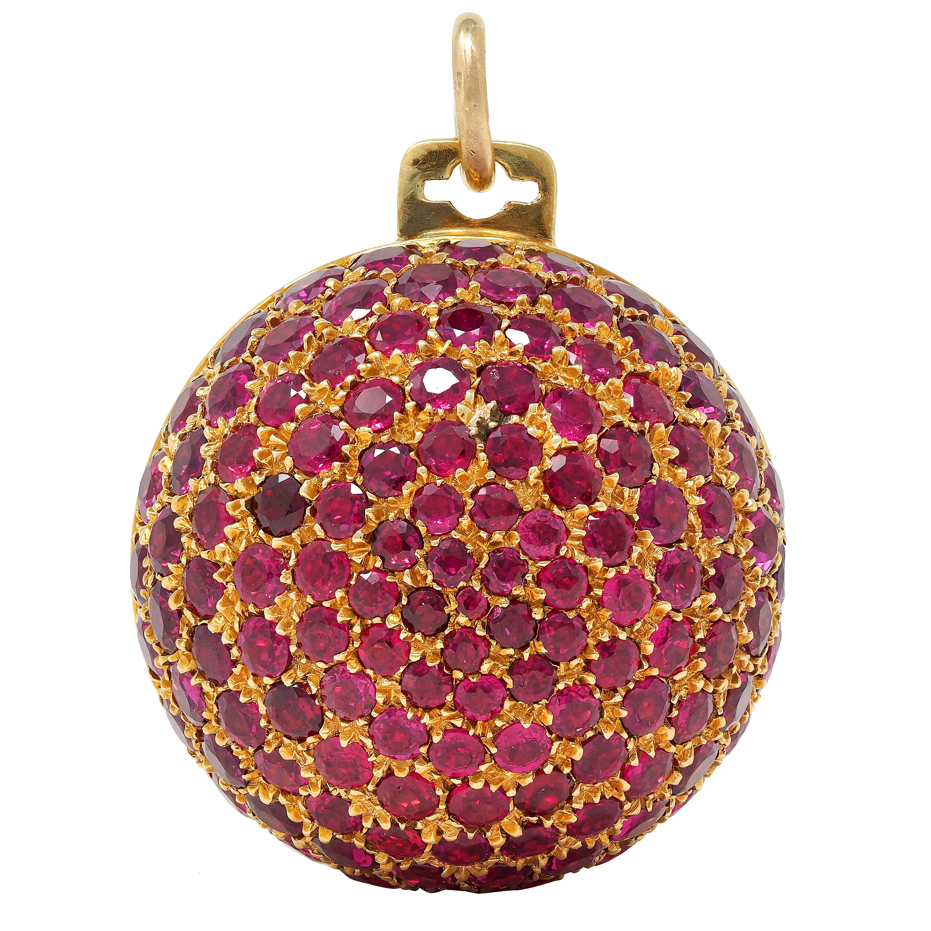 Gucci Contemporary 15.25 CTW Ruby 18 Karat Yellow Gold Pavé Ball Locket Pendant