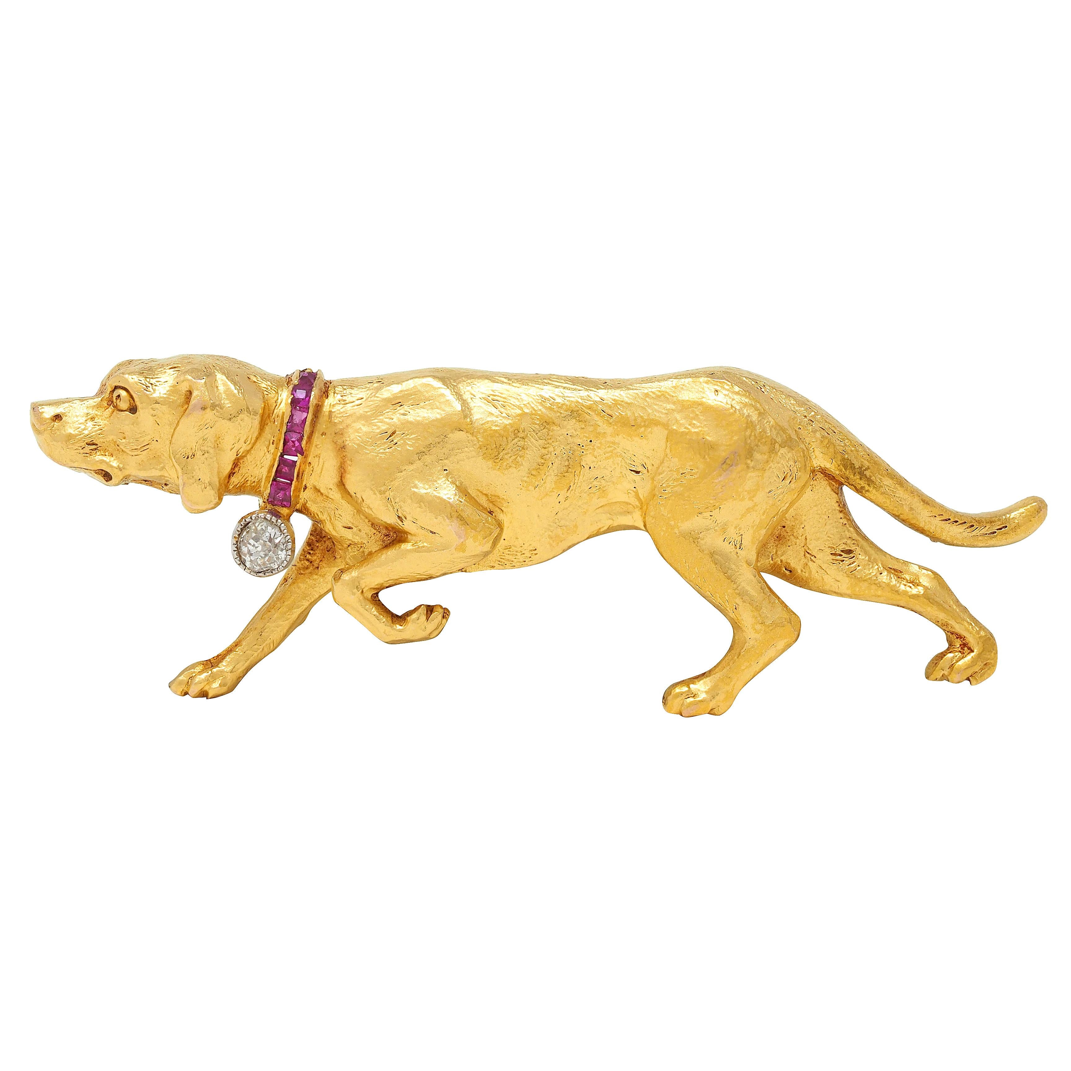 Edwardian Diamond Ruby Platinum 18 Karat Yellow Gold Antique Hound Dog Brooch