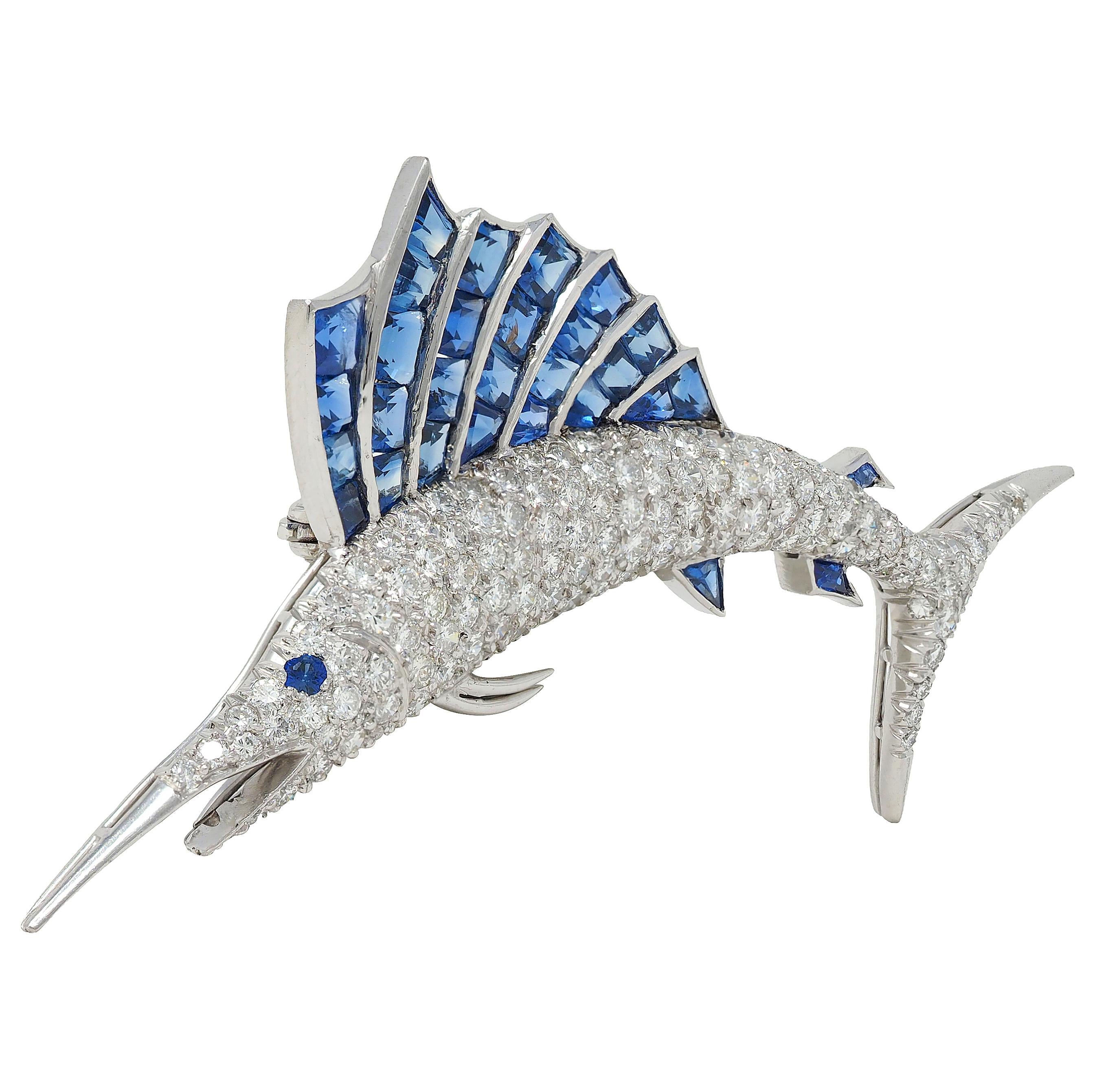 1950's Vintage 9.33 CTW Diamond Sapphire Platinum Unisex Sailfish Fish Brooch