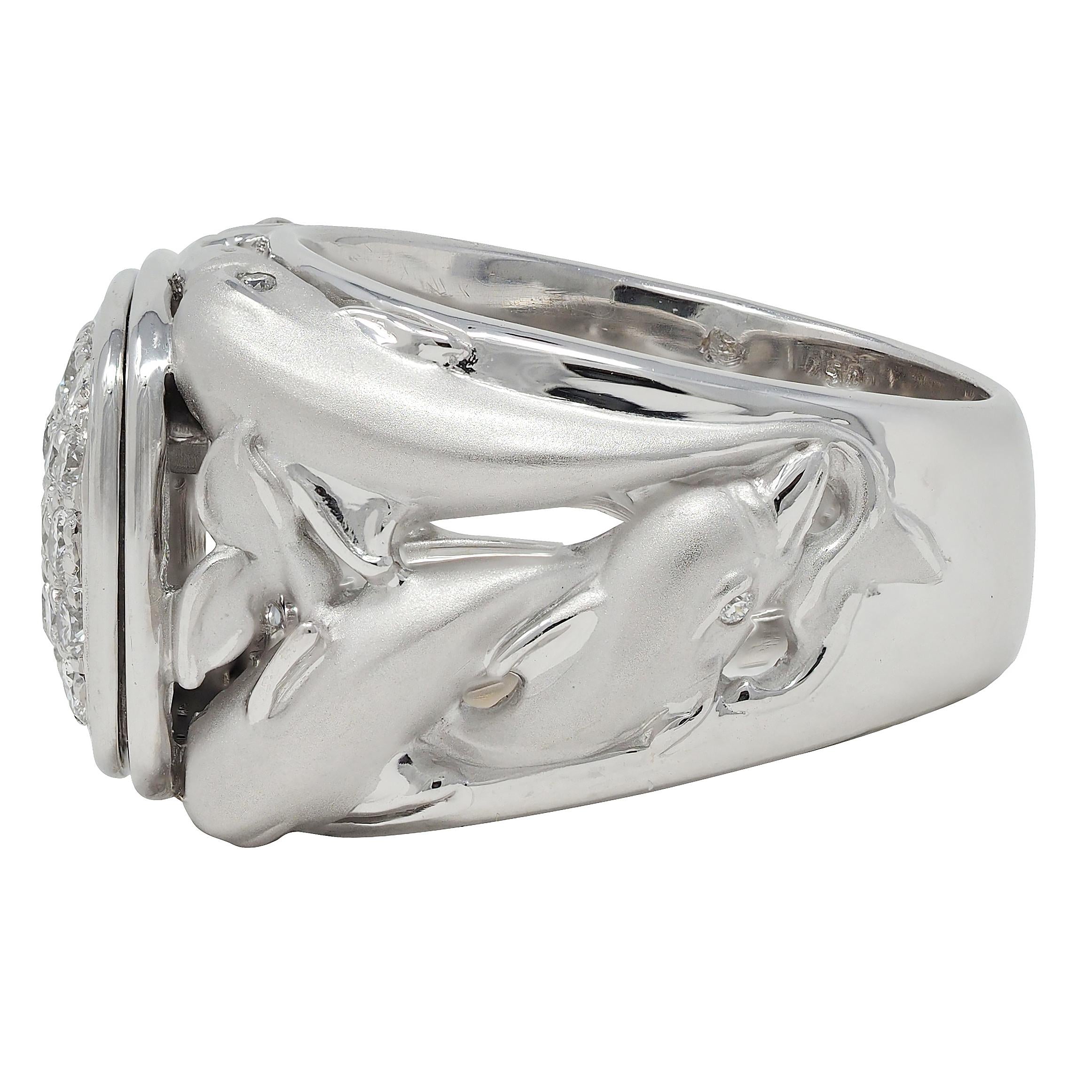 Carrera y Carrera Diamond 18 Karat White Gold Pavé Dolphin Signet Ring