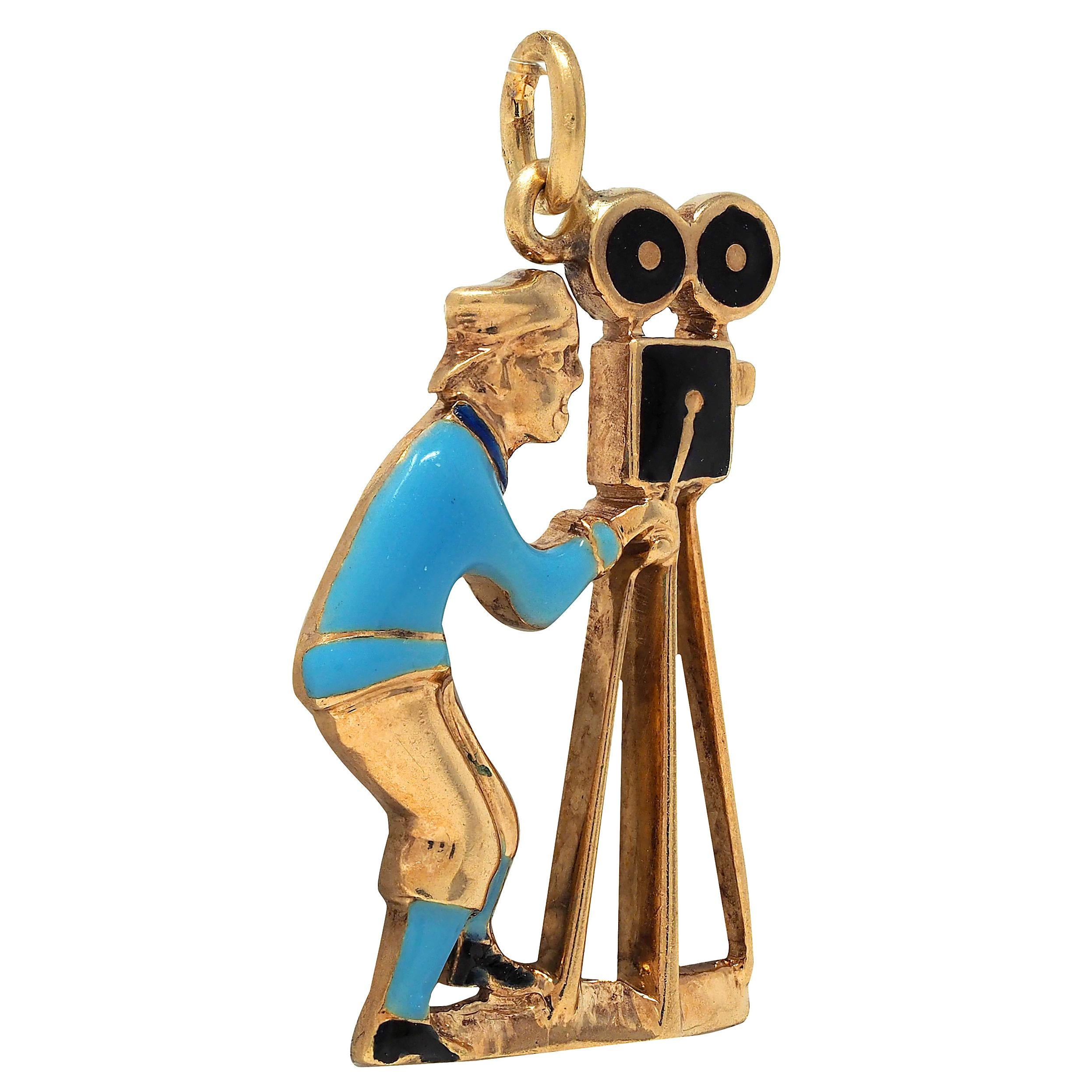 1960's Enamel 14 Karat Yellow Gold Vintage Film-Camera Man Charm