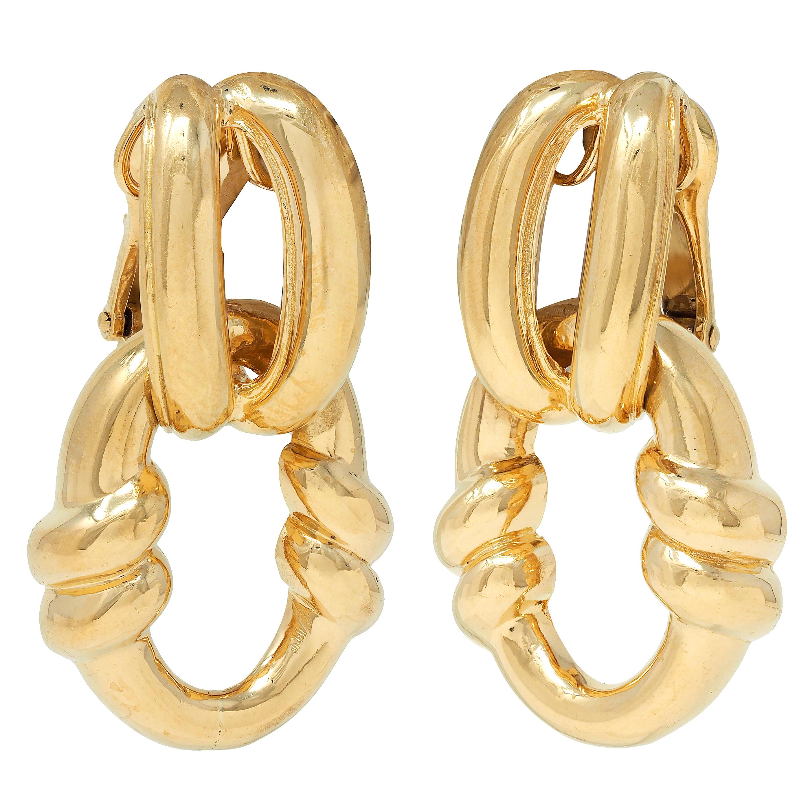 David Webb 1980's 18 Karat Yellow Gold Vintage Door Knocker Ear-Clip Earrings