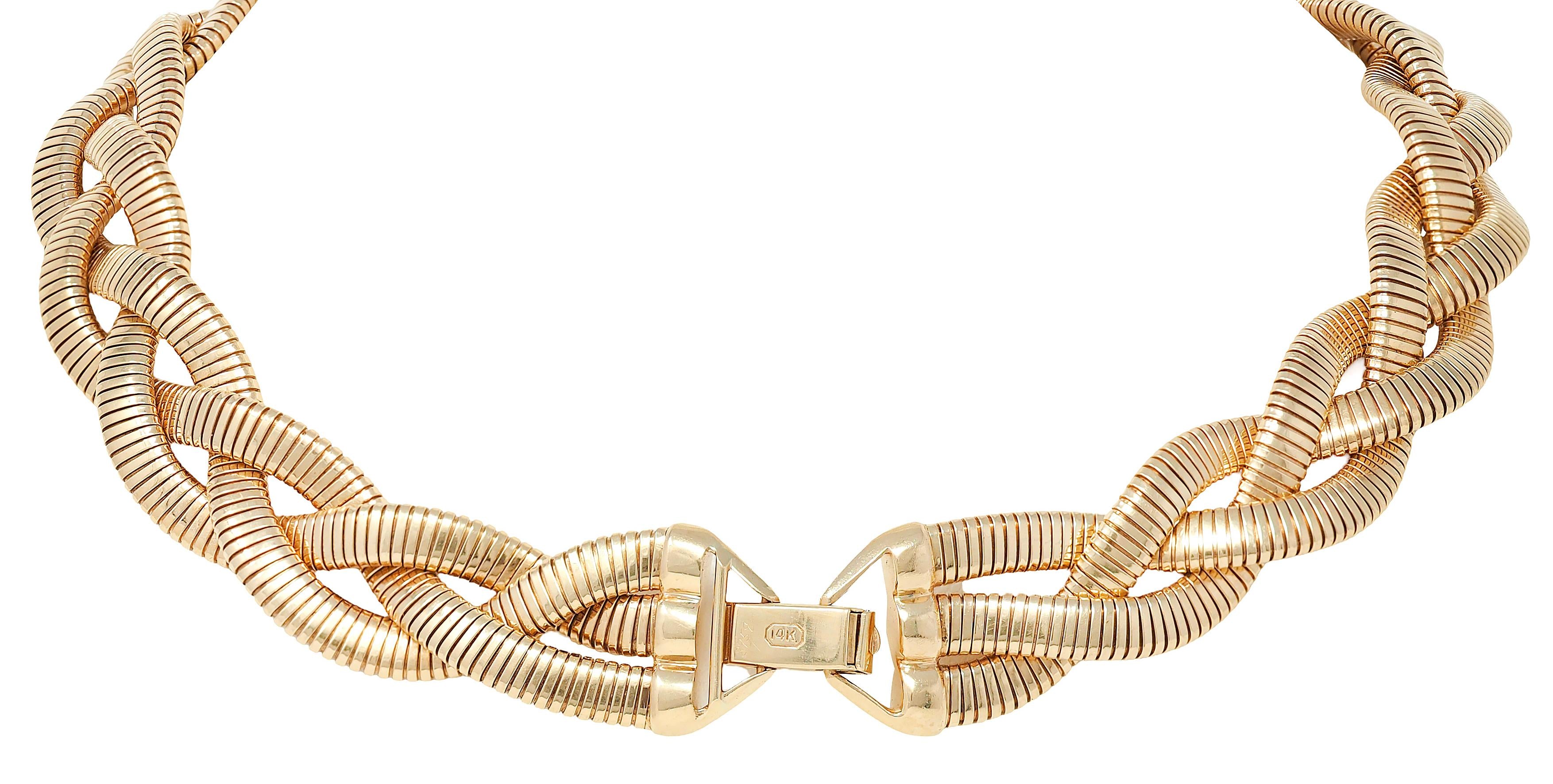 1970's 14 Karat Yellow Gold Vintage Braided Tubogas Collar Necklace