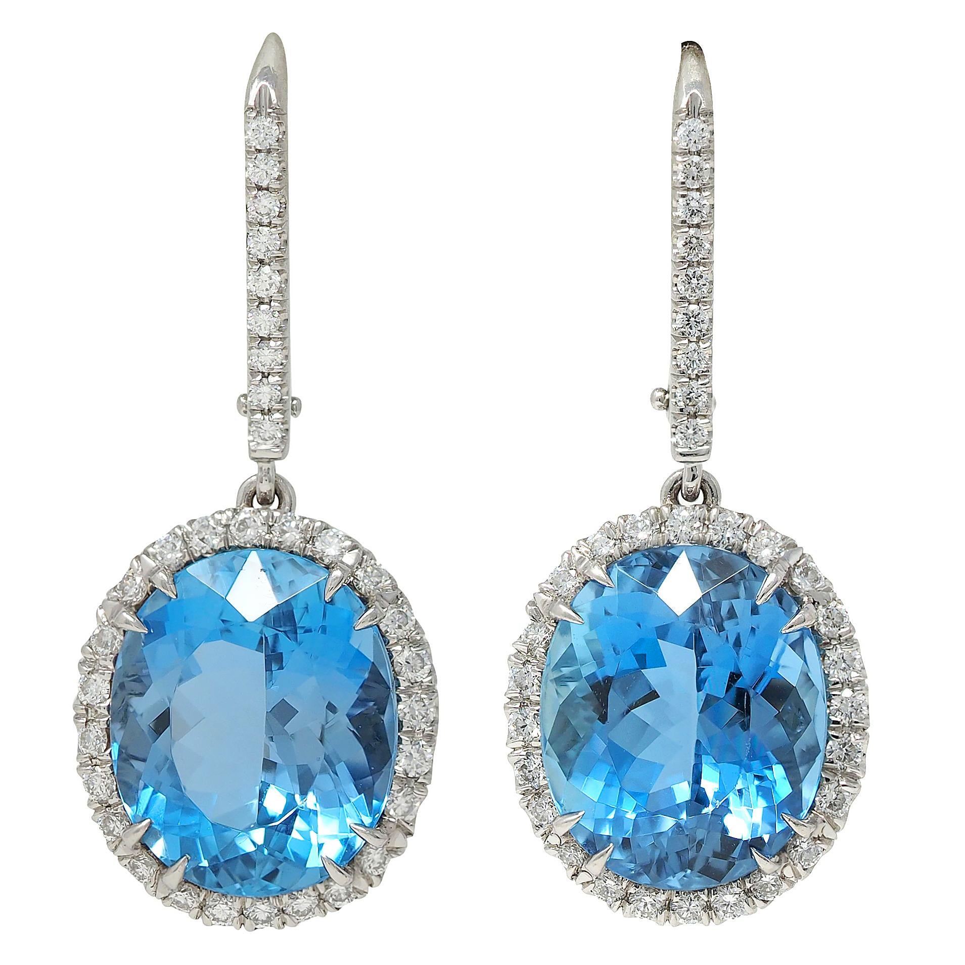 Contemporary 9.28 CTW Aquamarine Diamond Platinum Halo Drop Earrings