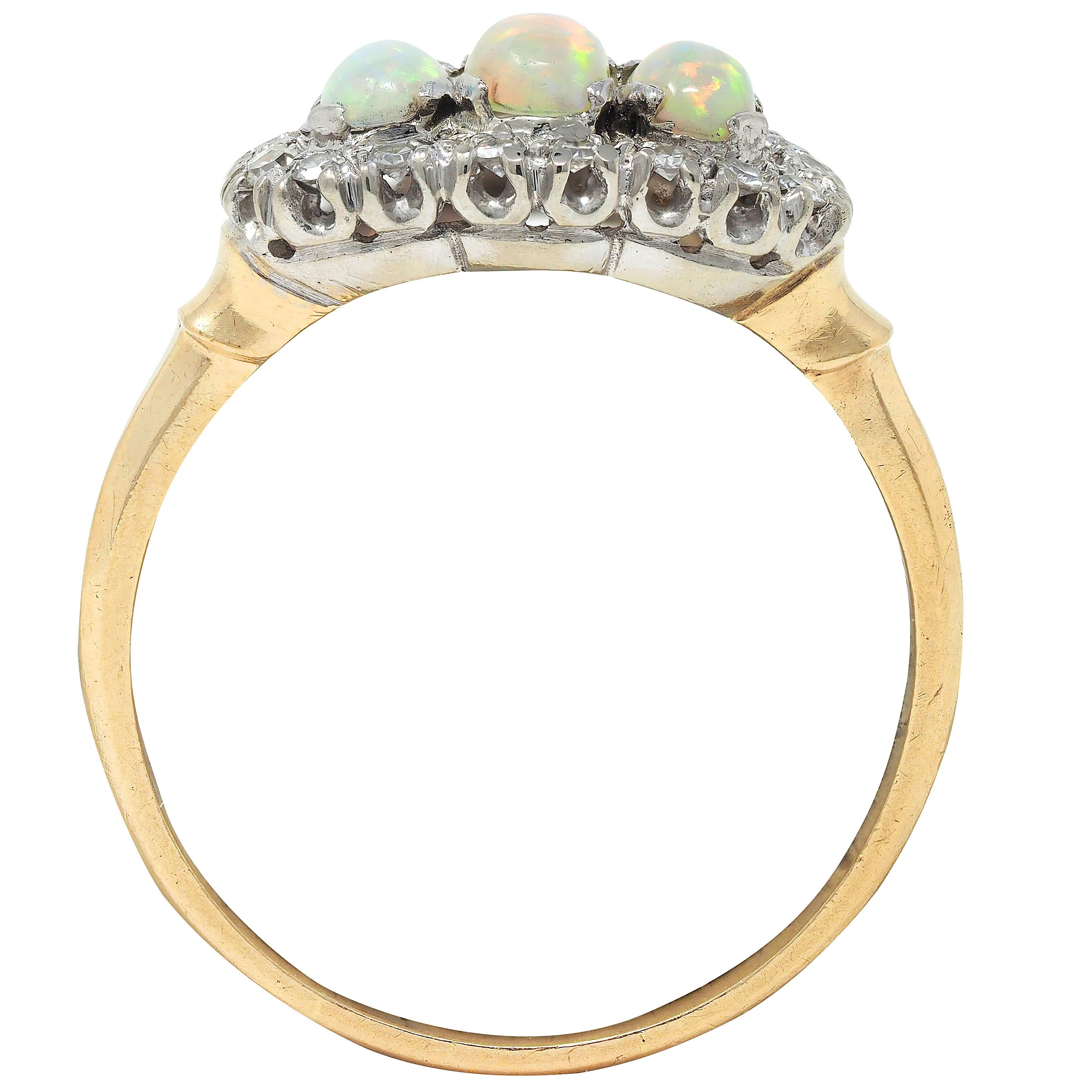 1950's Opal Cabochon Diamond 14 Karat Two-Tone Gold Vintage Halo Ring