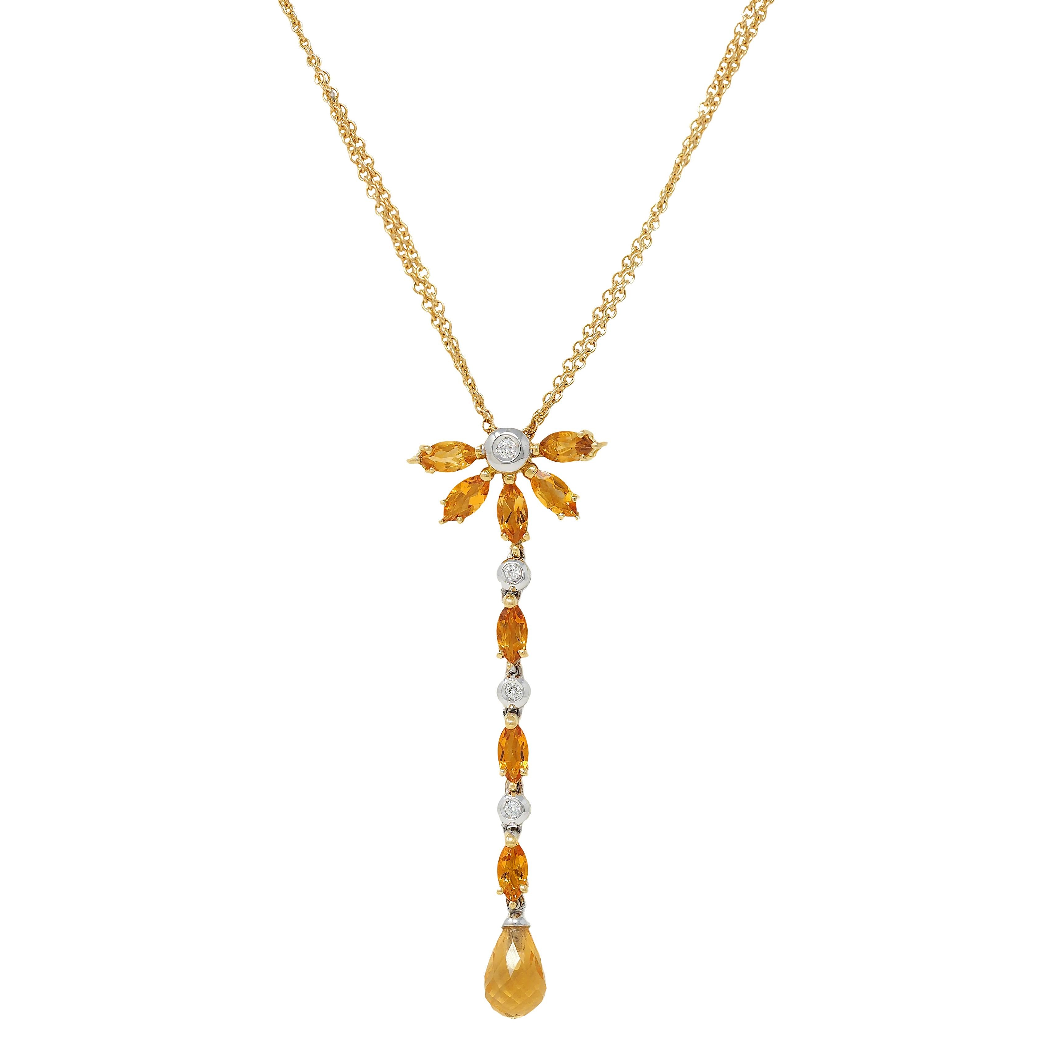 Contemporary 1.50 CTW Citrine Diamond 18 Karat Two-Tone Gold Drop Necklace