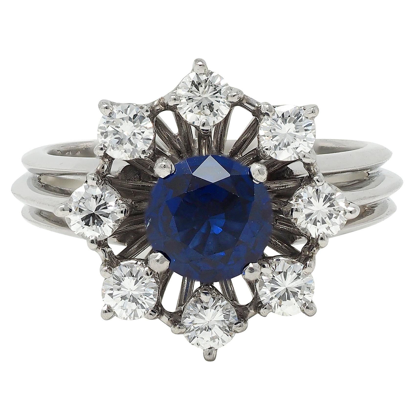 Mid-Century 1.30 CTW Sapphire Diamond Platinum Vintage Halo Ring