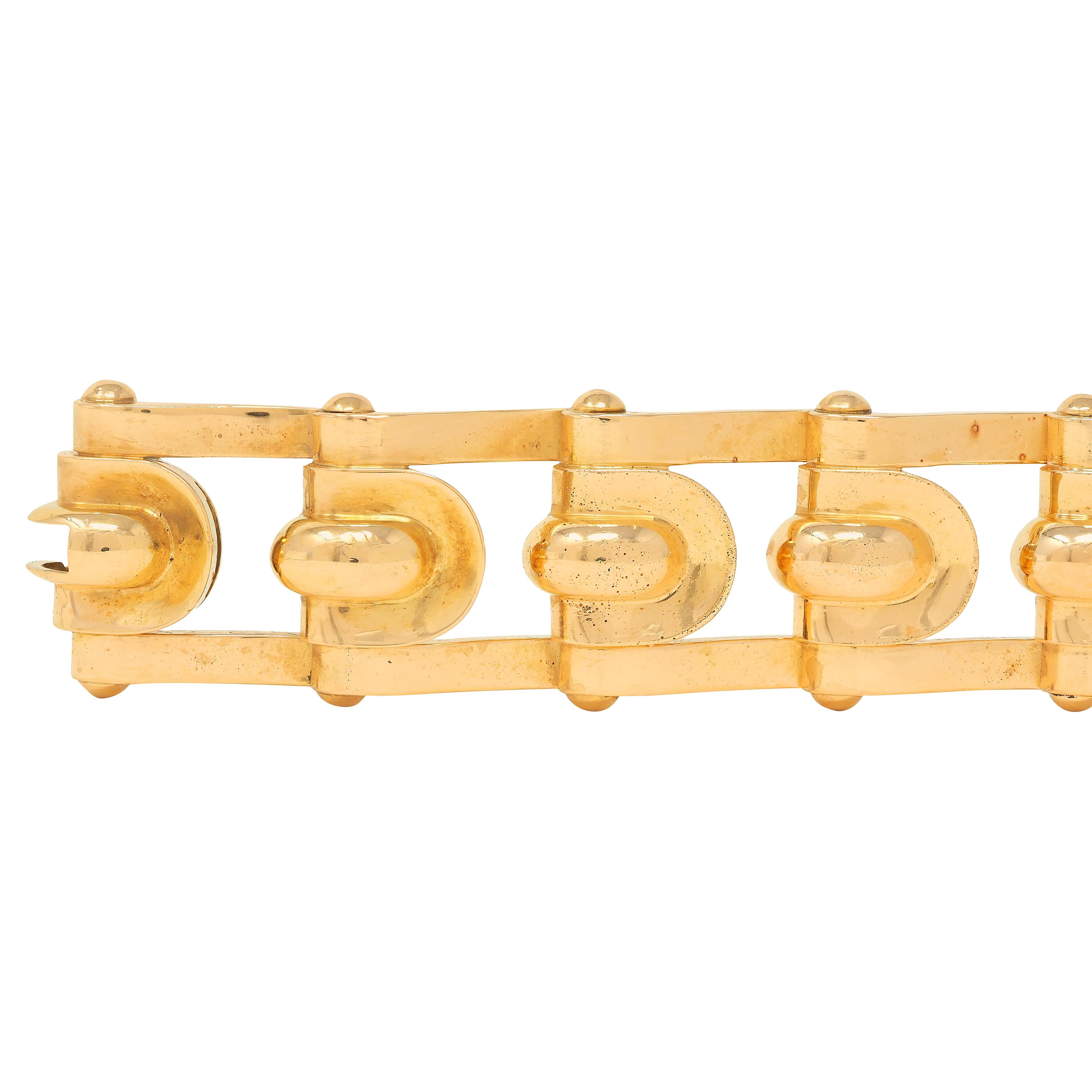 French Late Art Deco 18 Karat Yellow Gold Hinged Geometric Link Vintage Bracelet