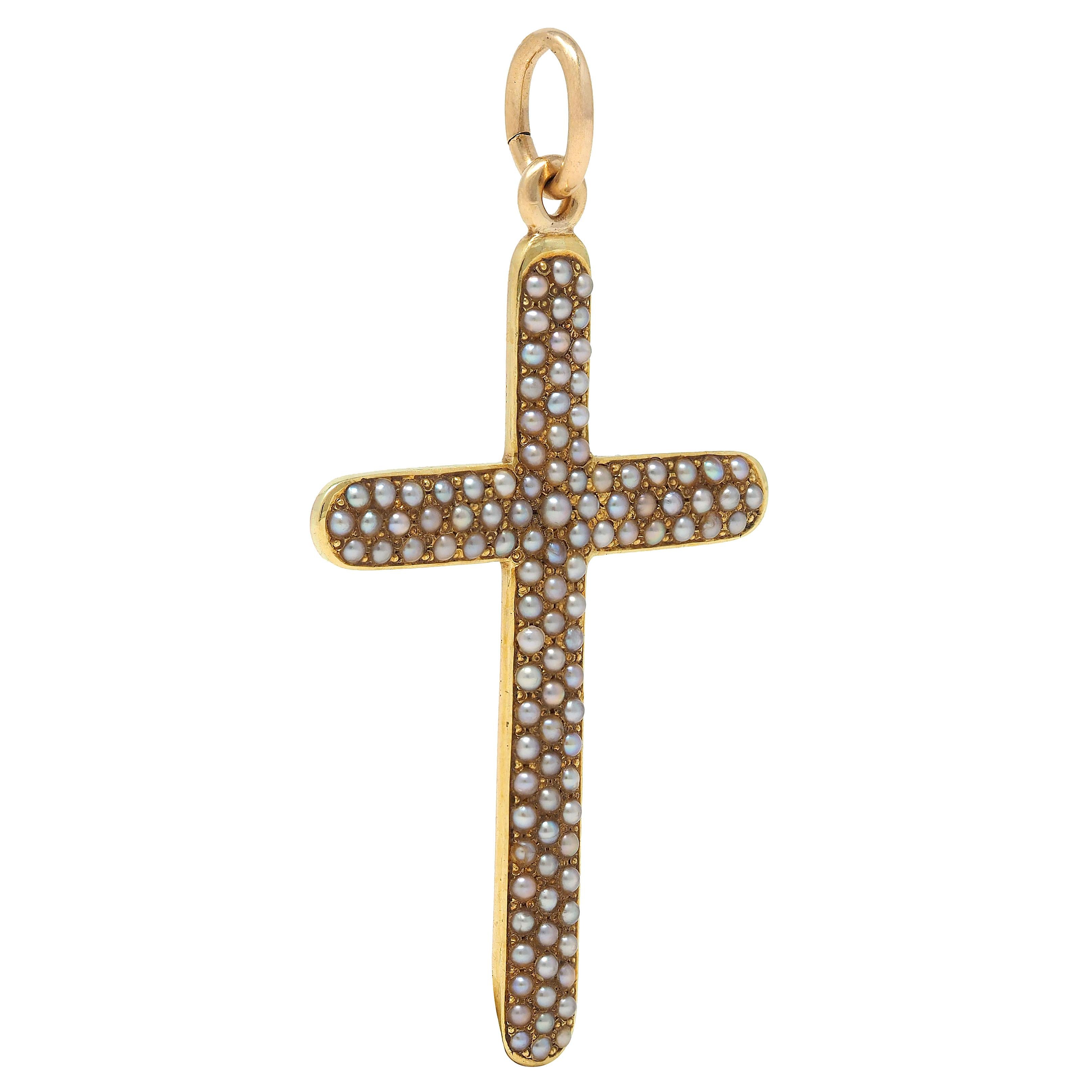 Victorian Seed Pearl 14 Karat Yellow Gold Antique Cross Pendant