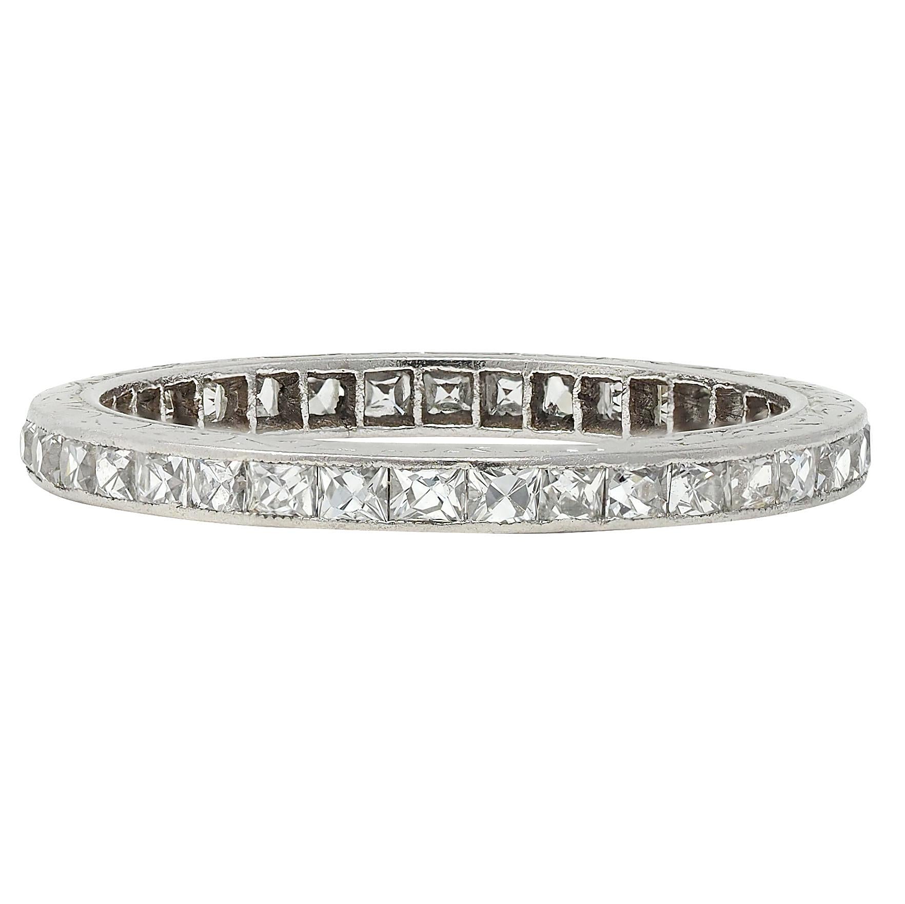 Art Deco 1.30 CTW French Cut Diamond Platinum Vintage Eternity Wedding Band Ring