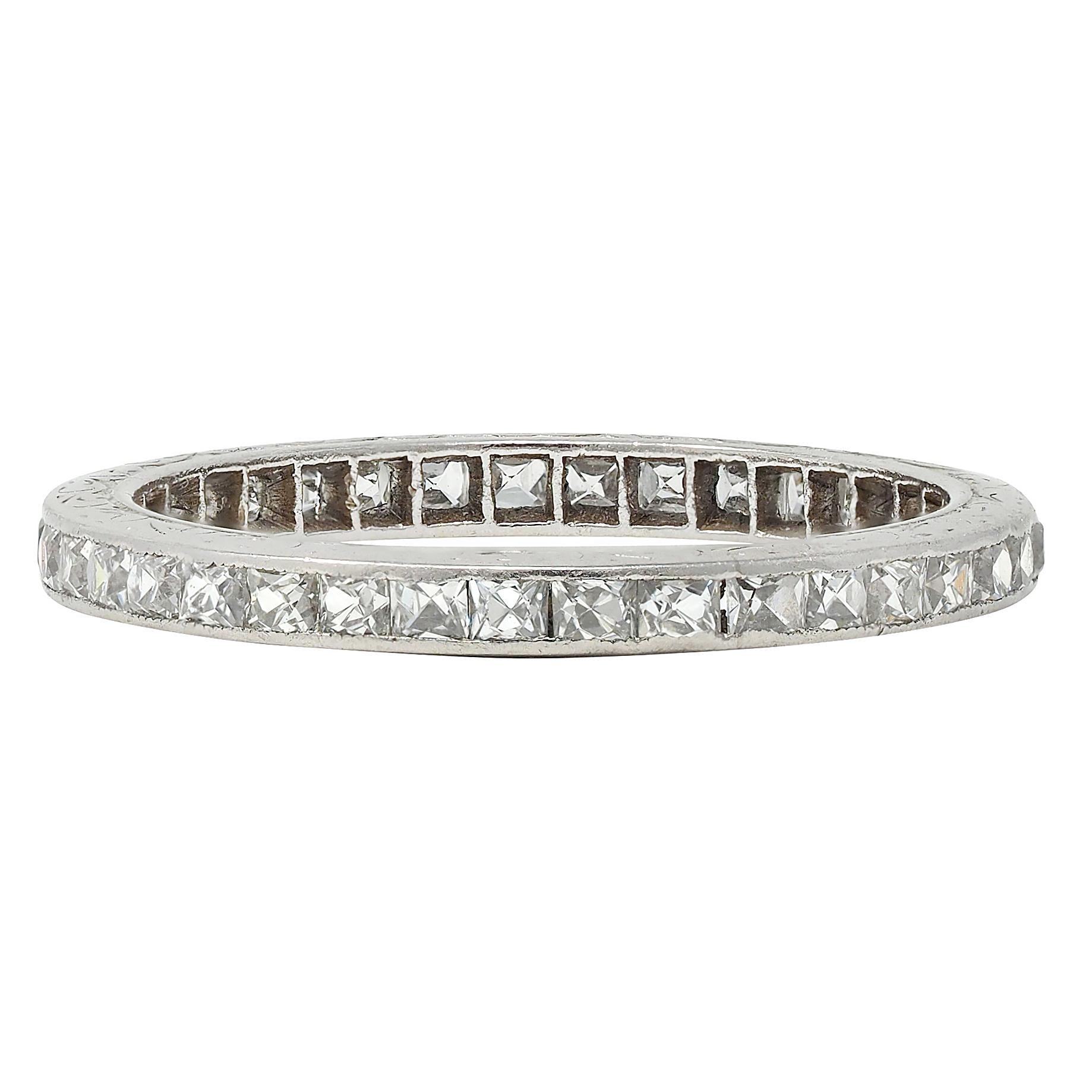 Art Deco 1.30 CTW French Cut Diamond Platinum Vintage Eternity Wedding Band Ring