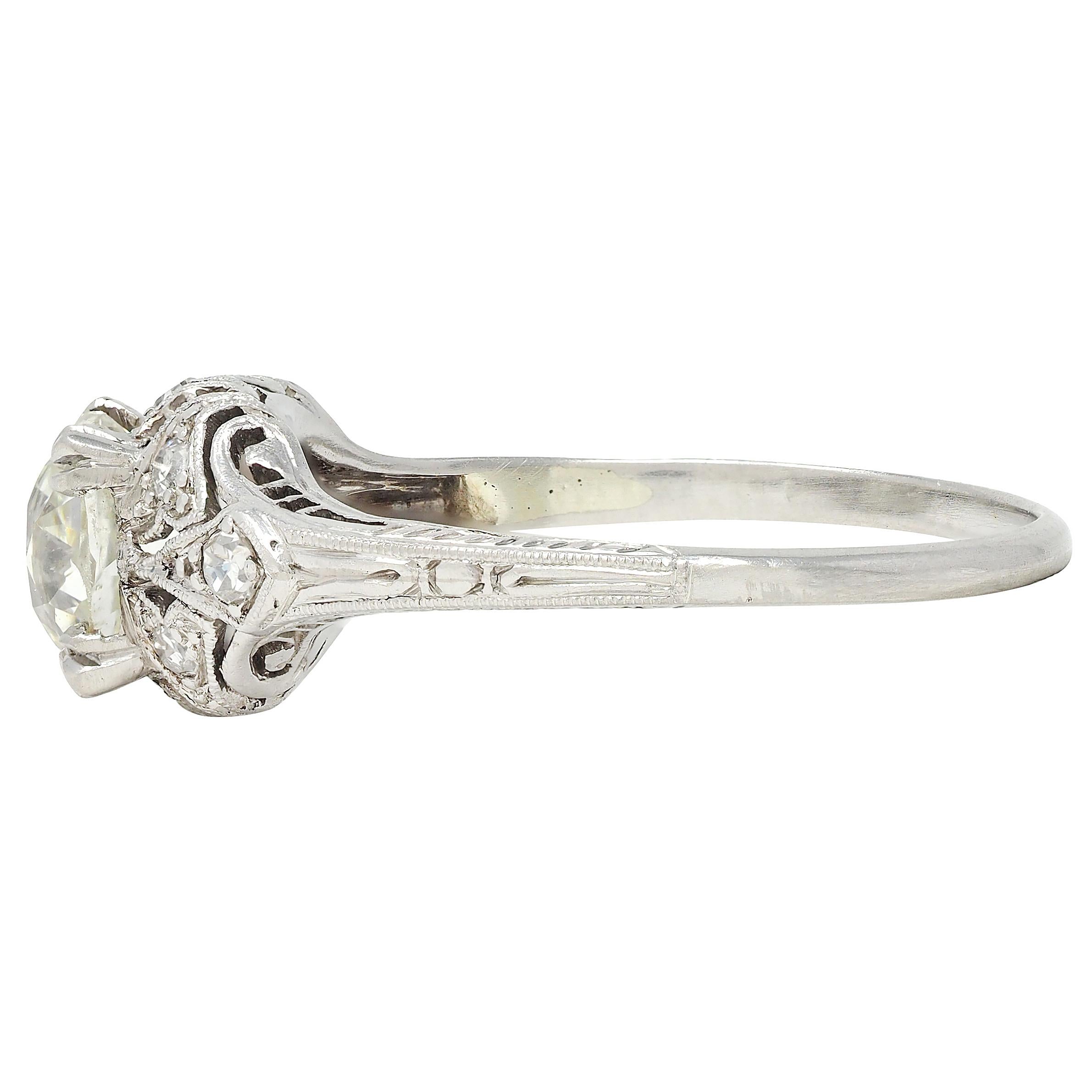 Art Deco 1.44 CTW Old Mine Diamond Platinum Foliate Vintage Engagement Ring