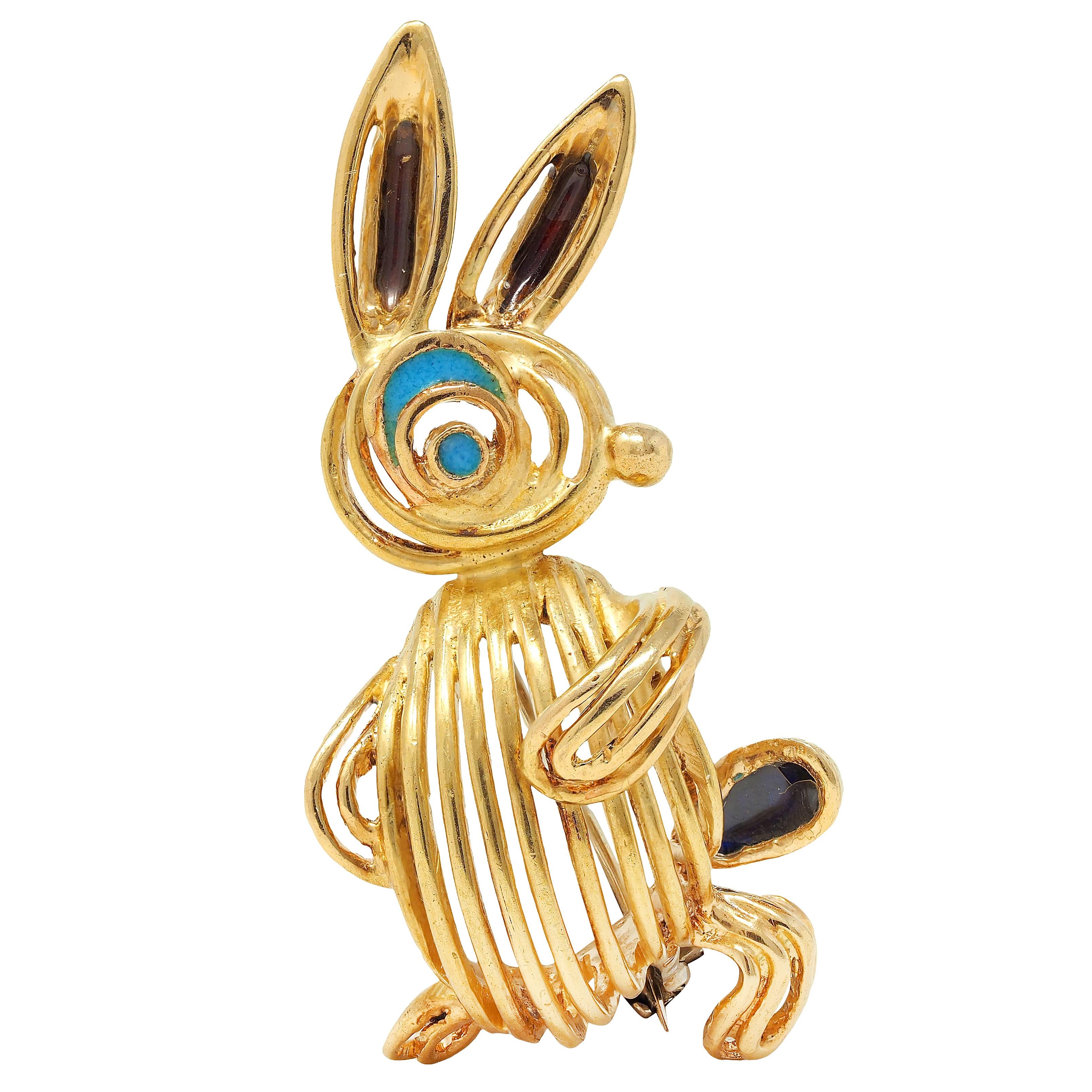 1960's Enamel 18 Karat Yellow Gold Vintage Easter Bunny Brooch