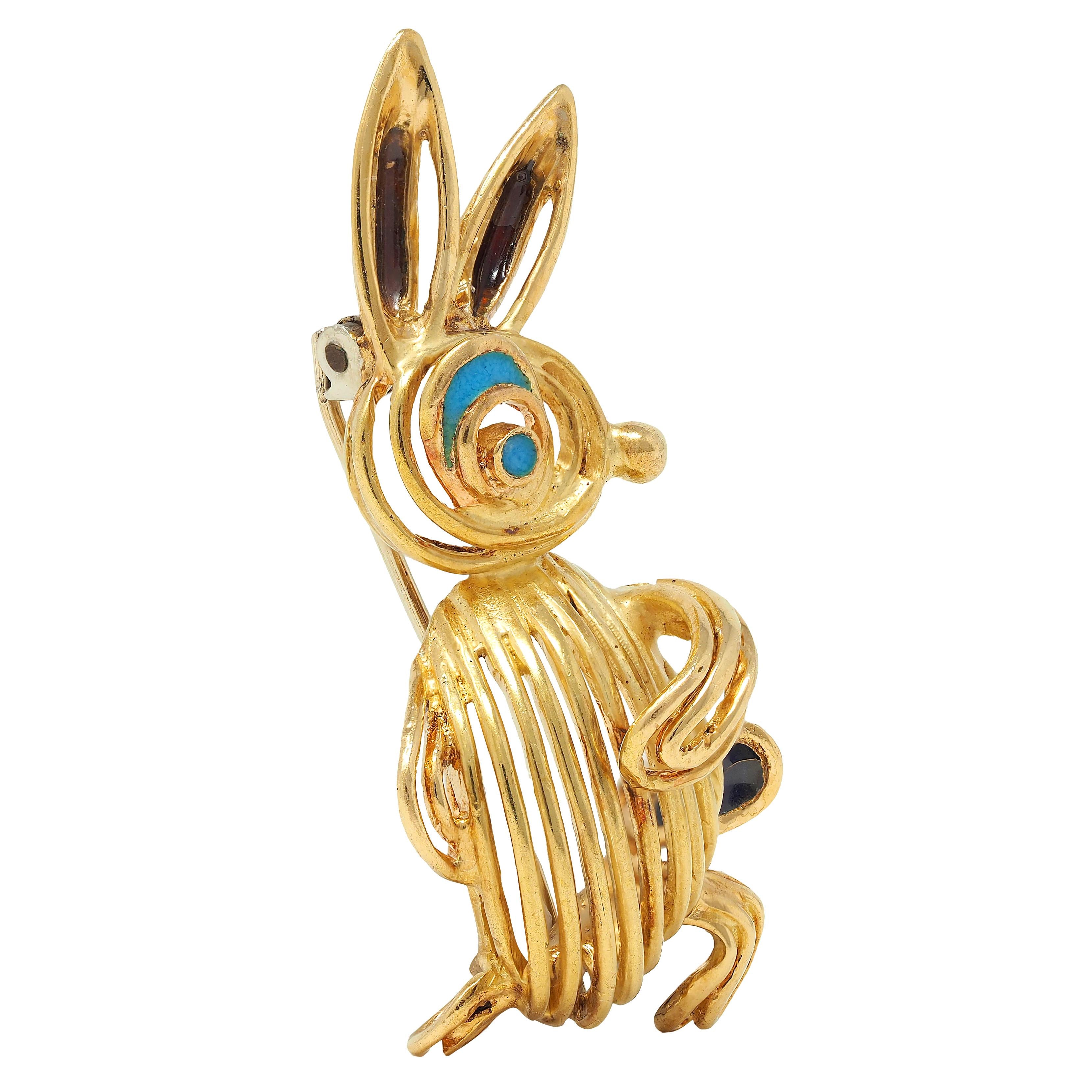 1960's Enamel 18 Karat Yellow Gold Vintage Easter Bunny Brooch