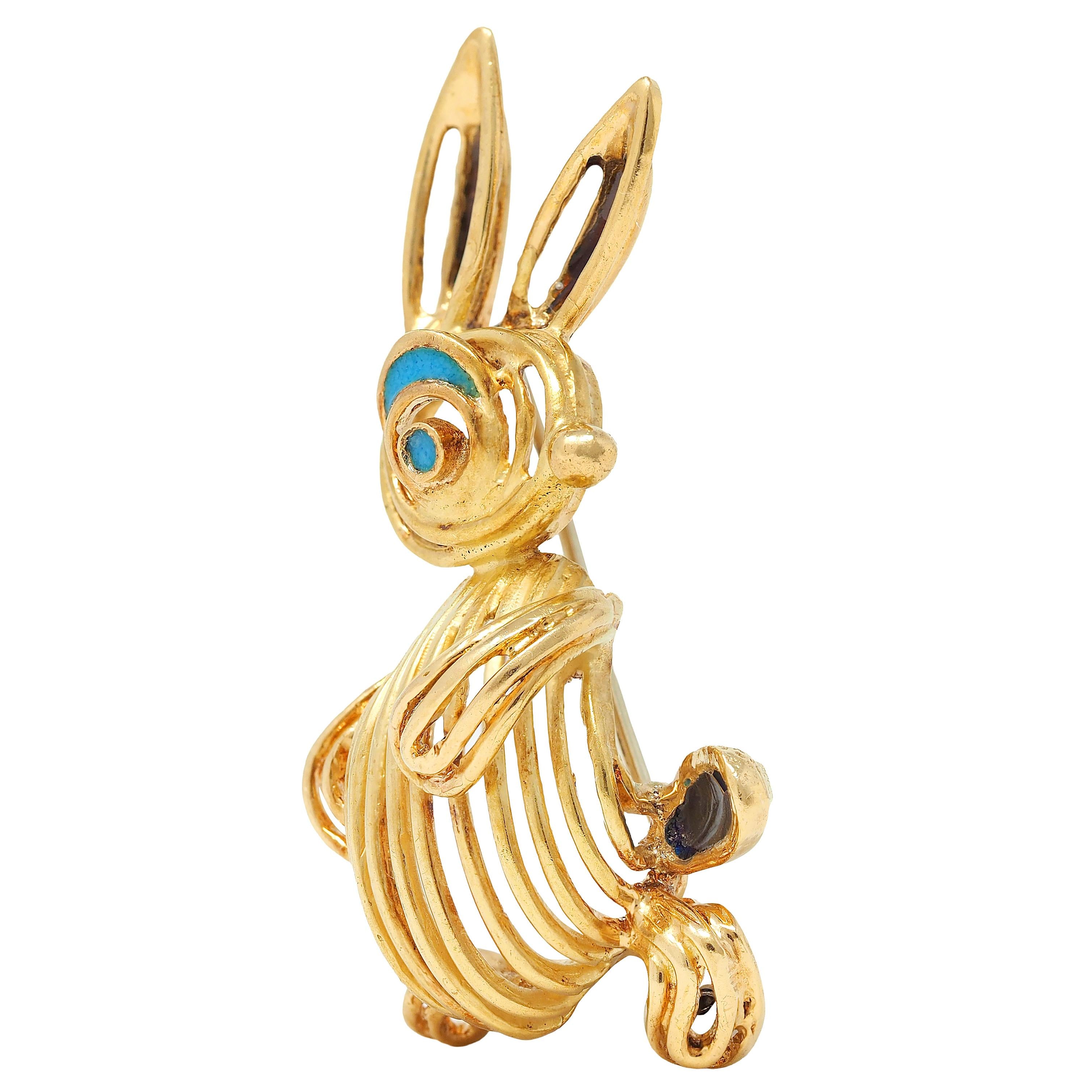 1960's Enamel 18 Karat Yellow Gold Vintage Easter Bunny Brooch