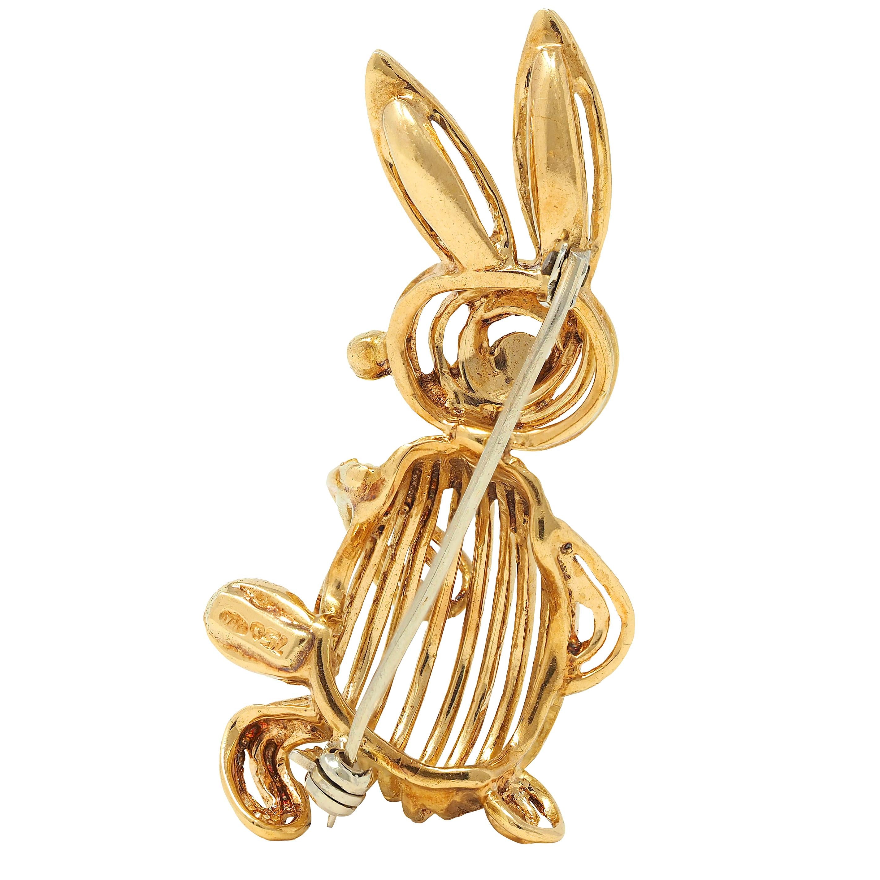 1960's Enamel 18 Karat Yellow Gold Vintage Easter Bunny Brooch