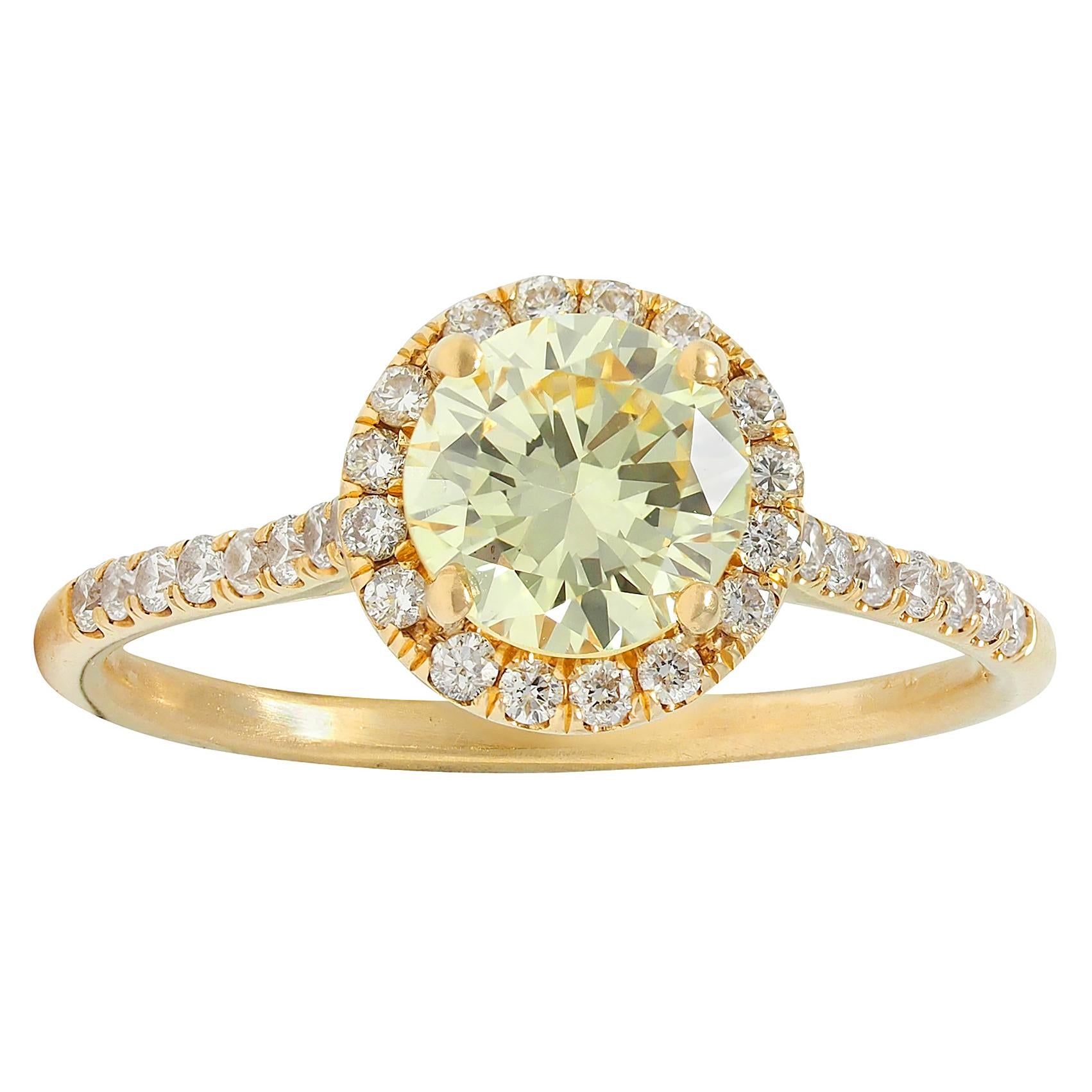 Contemporary 1.65 CTW Fancy Yellow Diamond 18K Gold Halo Engagement Ring GIA