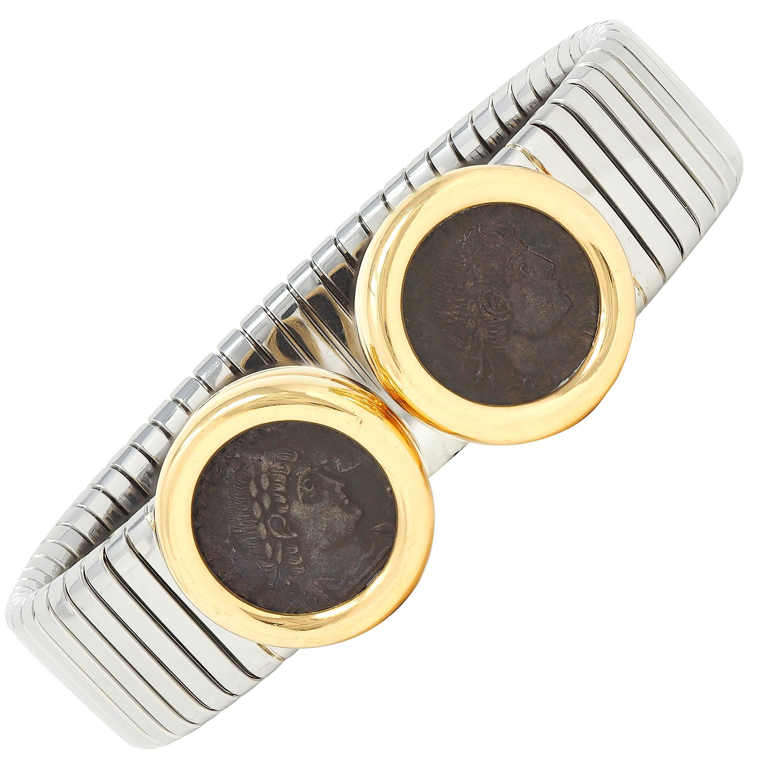 Bulgari 1980's Ancient Coin 18K Gold Steel Vintage Monete Tubogas Cuff Bracelet