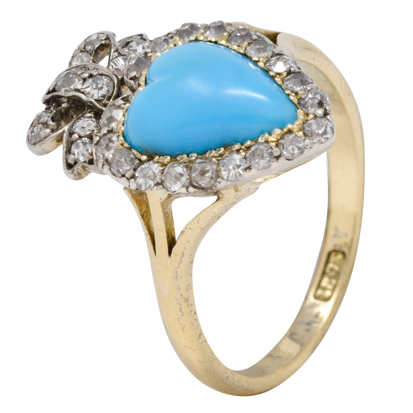 Victorian Turquoise Cabochon Diamond 18 Karat Yellow Gold Antique Heart Ring