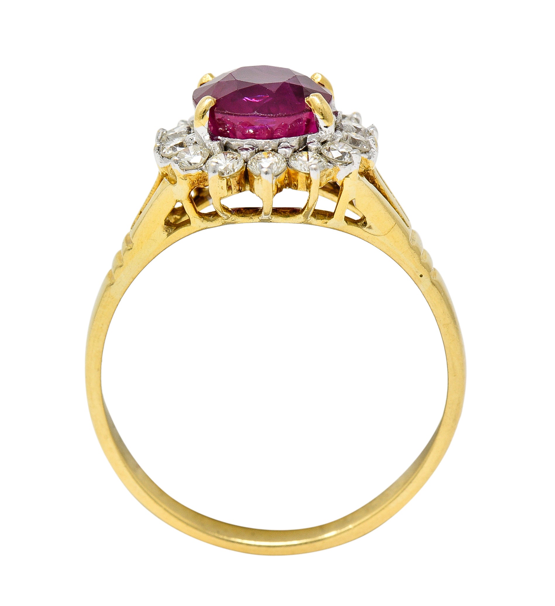 Mid-Century 2.00 CTW Burma Ruby Diamond 18 Karat Yellow Gold Vintage Halo Ring GIA Wilson's Estate Jewelry