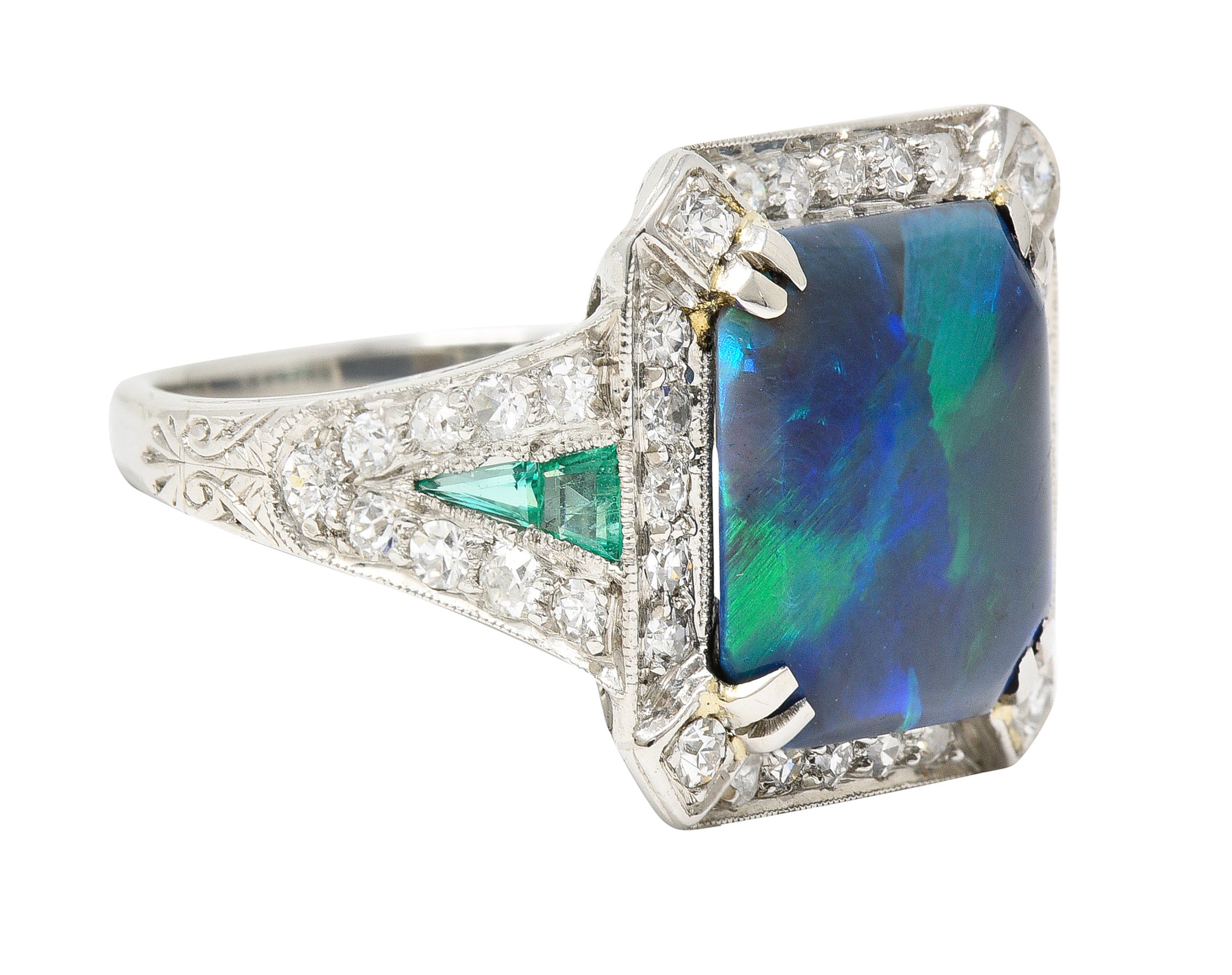 Marcus & Co. Art Deco Octagonal Black Opal Emerald Diamond Platinum Foliate Halo Vintage Ring GIA Wilson's Estate Jewelry