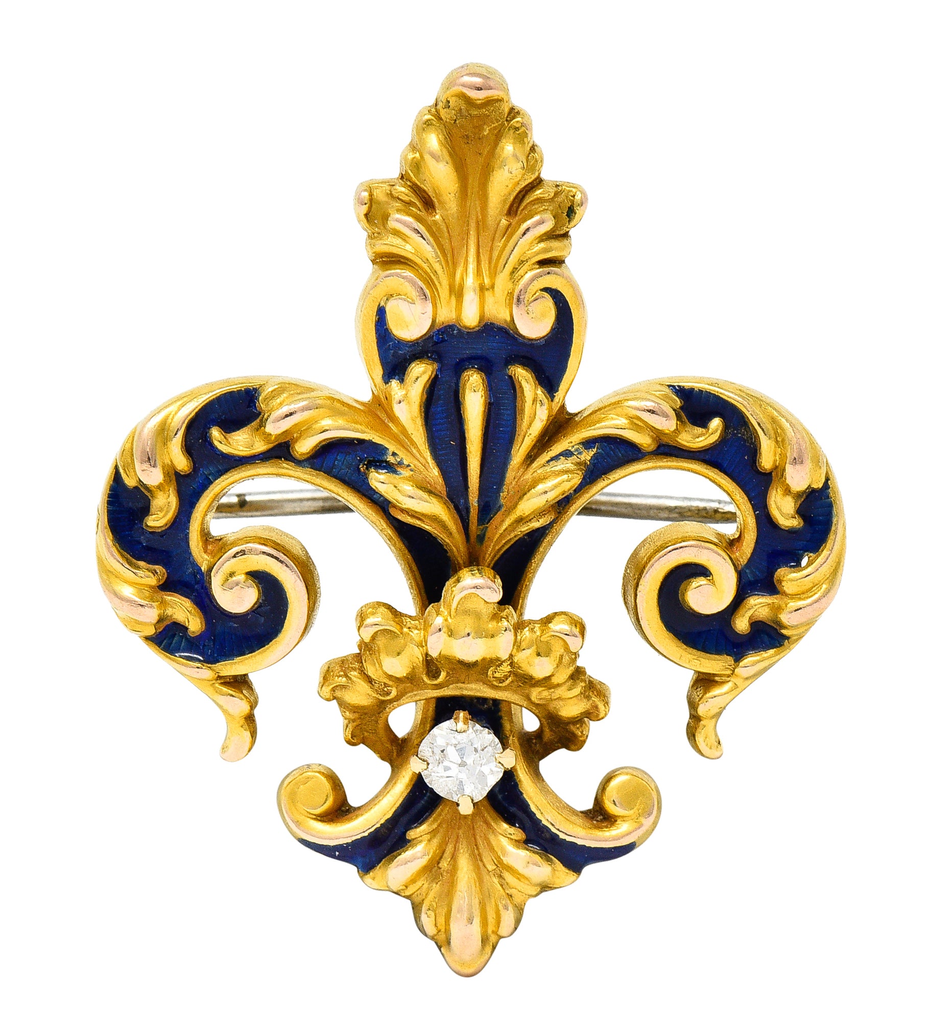 Victorian Old European Cut Diamond Enamel 18 Karat Yellow Gold Fleur-De-Lis Crown Antique Brooch Wilson's Estate Jewelry